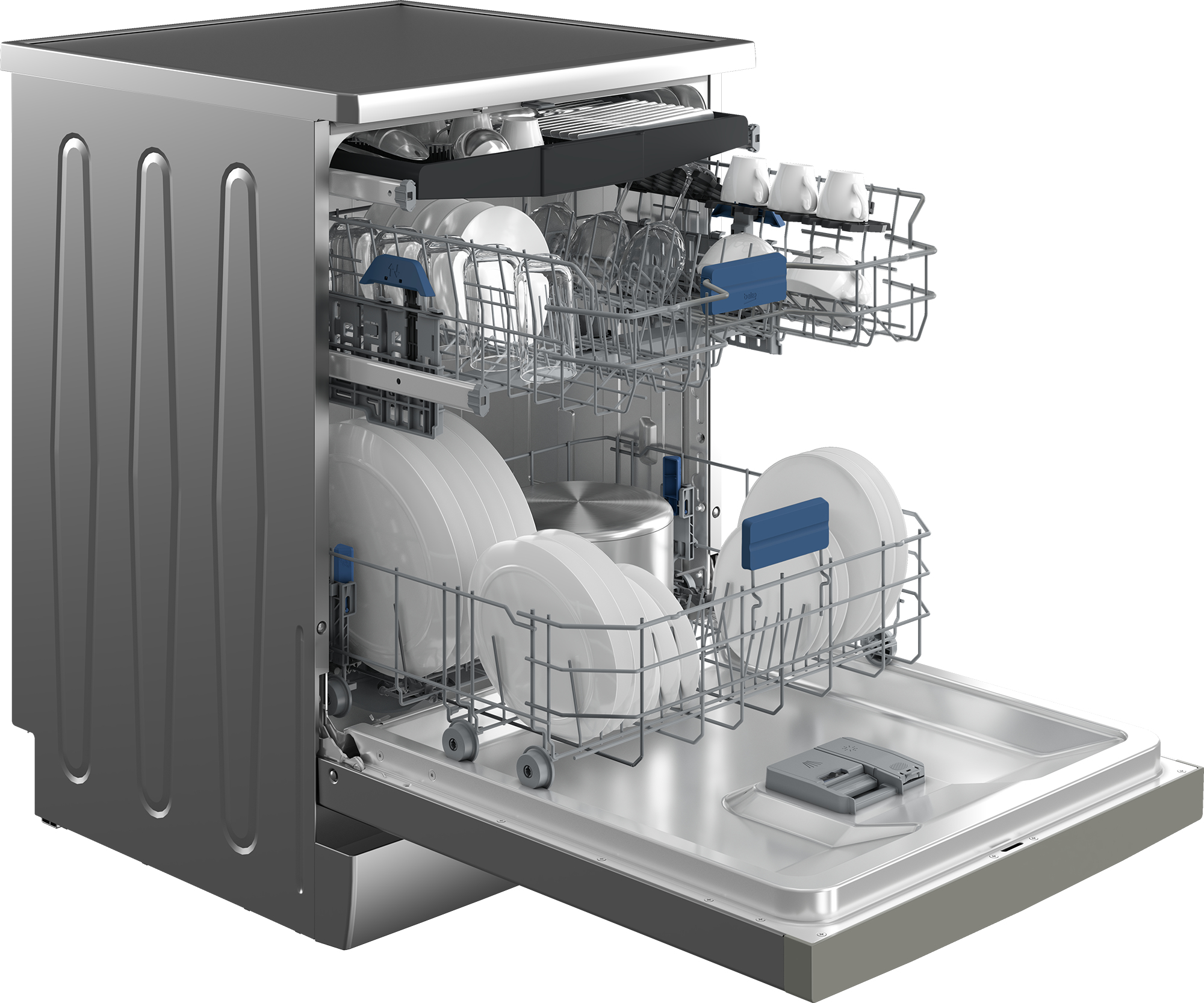 Zmywarka z otwartymi drzwiami, pokazująca wewnętrzne kosze z naczyniami i sztućcami.