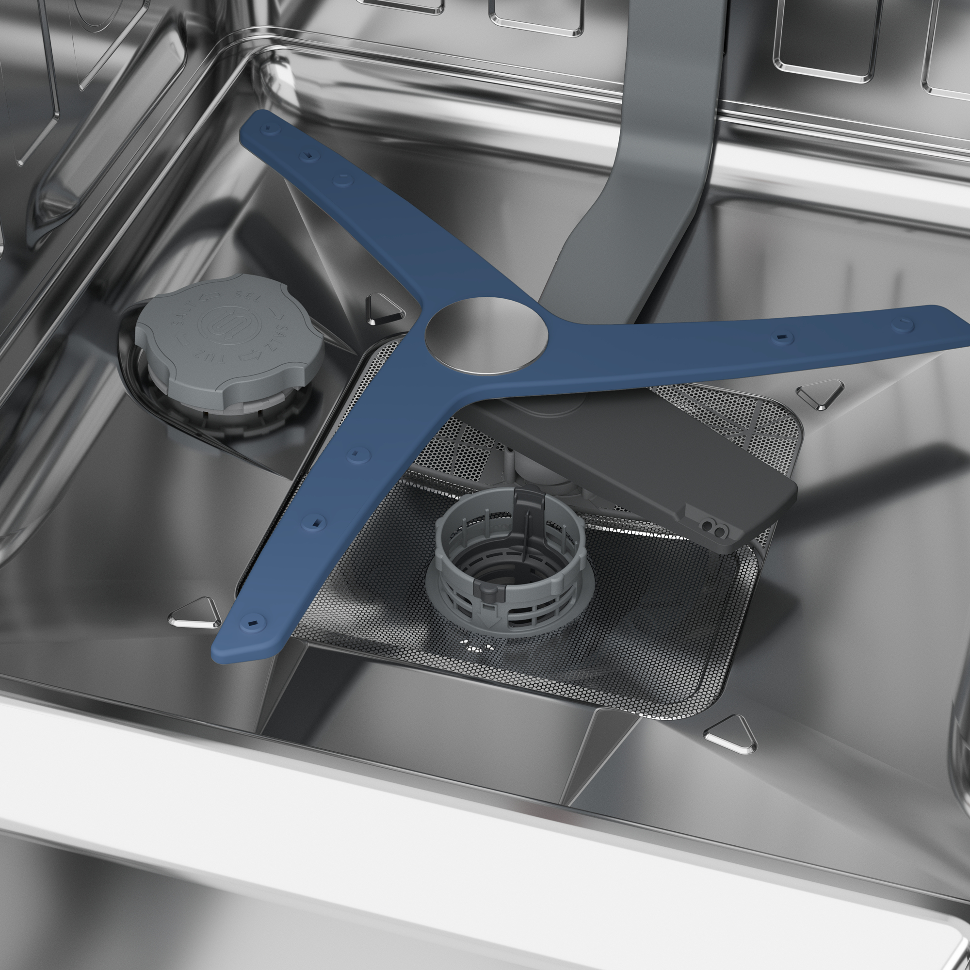 Wnętrze zmywarki z niebieskim ramieniem natryskowym i filtrem.