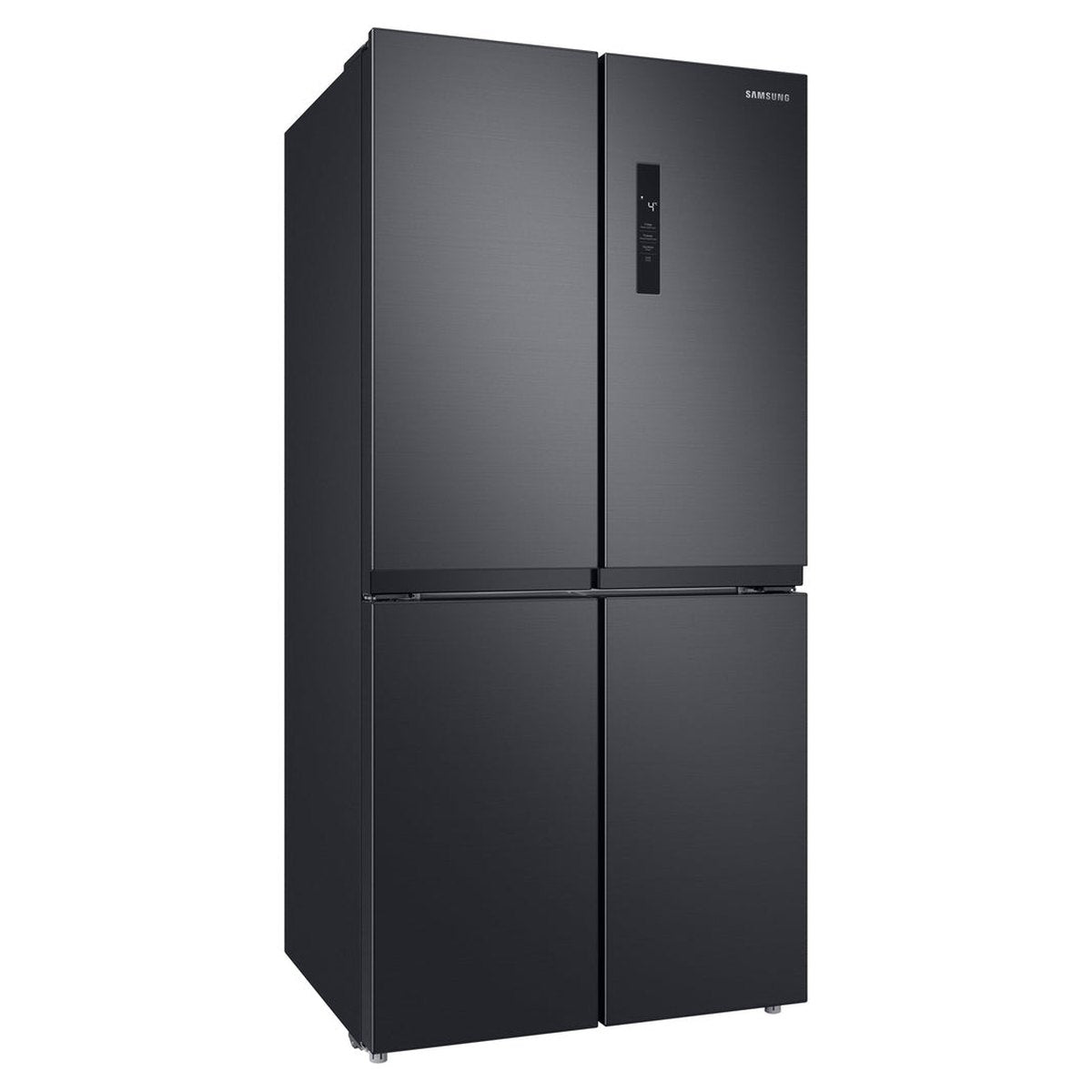 Un refrigerador negro con cuatro puertas. Las puertas están cerradas y está en la habitación.