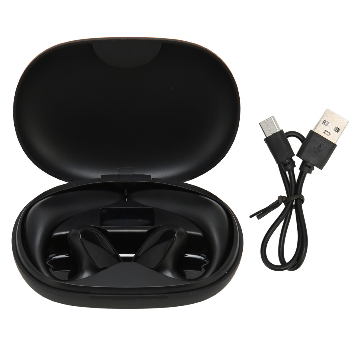 Offene schwarze Ohrhörer-Hülle und Ohrhörer darin. USB-Ladekabel rechts.