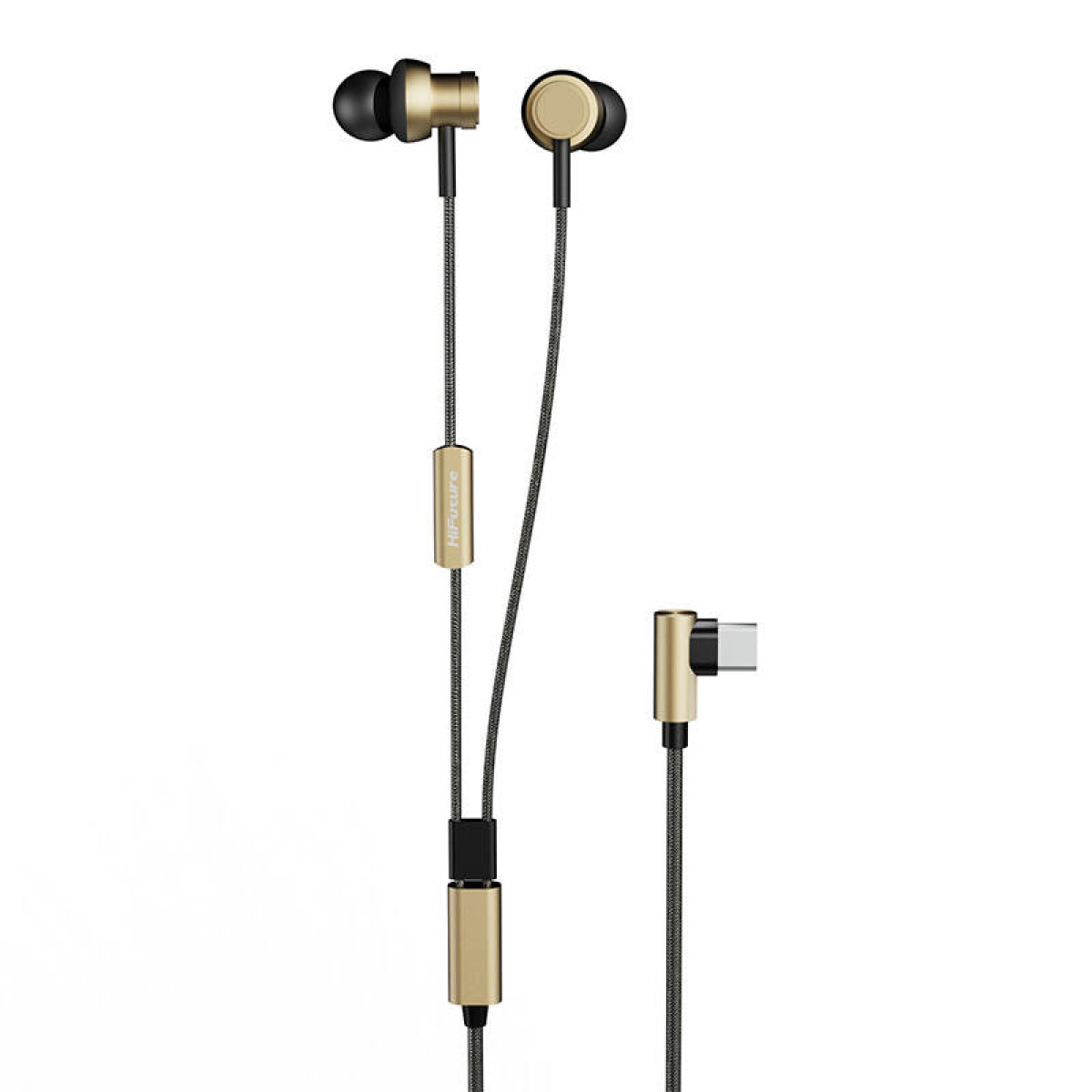 Gouden en zwarte oortelefoons met een USB-C-connector.
