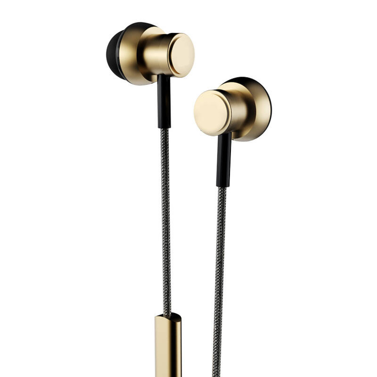 Twee goud-zwarte oortelefoons met een zilver-grijze kabel. De oortelefoons staan op een witte achtergrond.