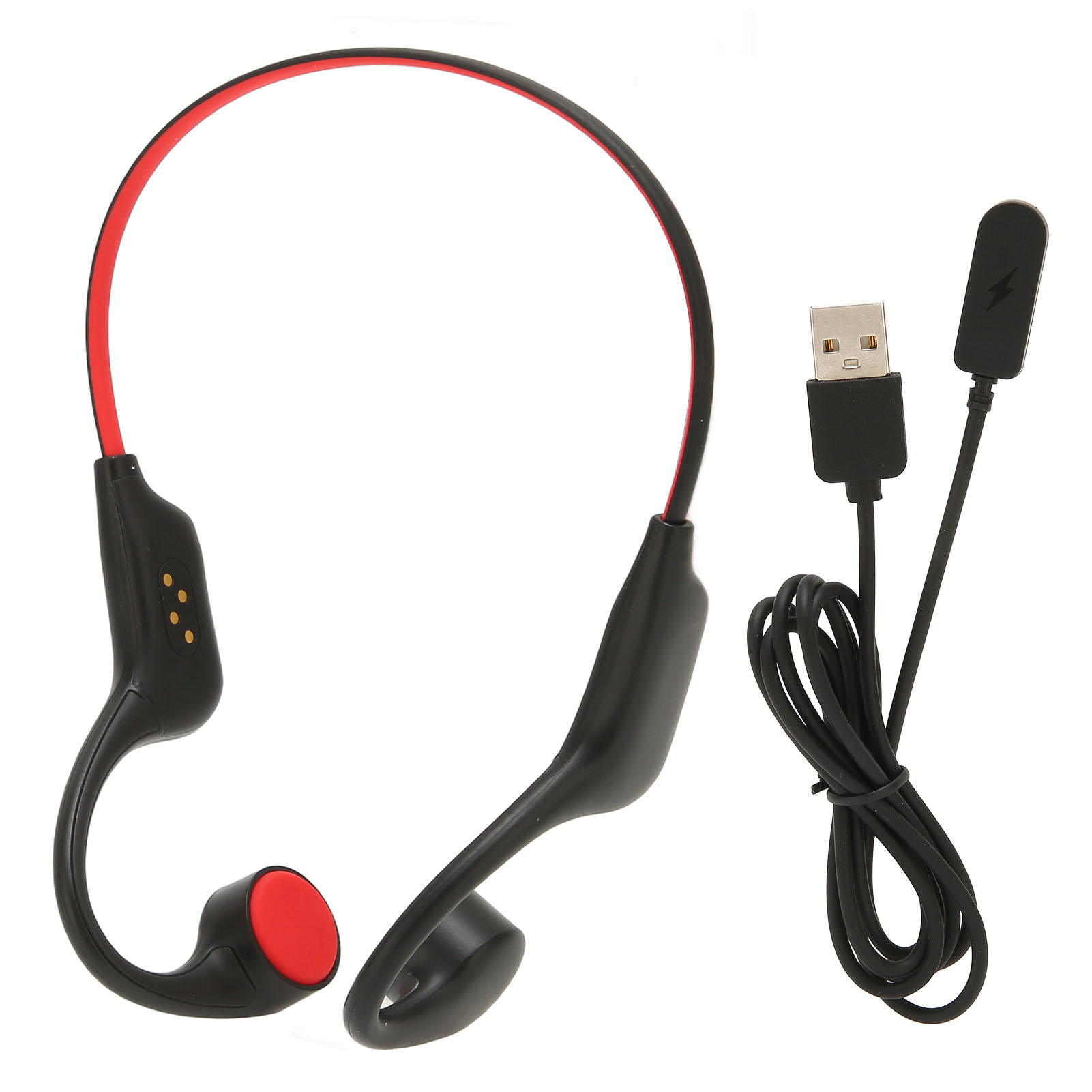 Schwarz-roter kabelloser Kopfhörer mit USB-Ladekabel, auf weißem Hintergrund.