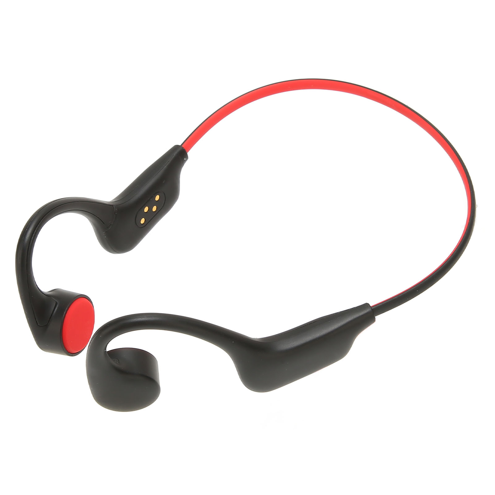 Schwarze und rote Knochenschallkopfhörer. Das Design umschließt Kopf und Ohren.