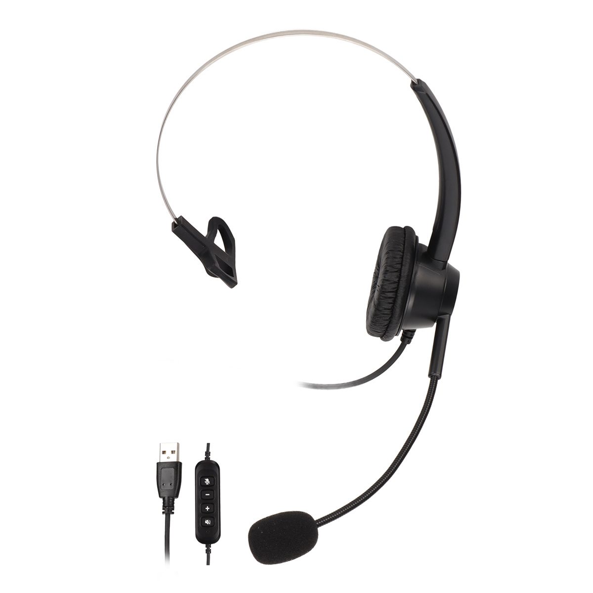 Schwarzes Headset mit einzelnem Ohrhörer, Mikrofonarm und USB-Anschluss.