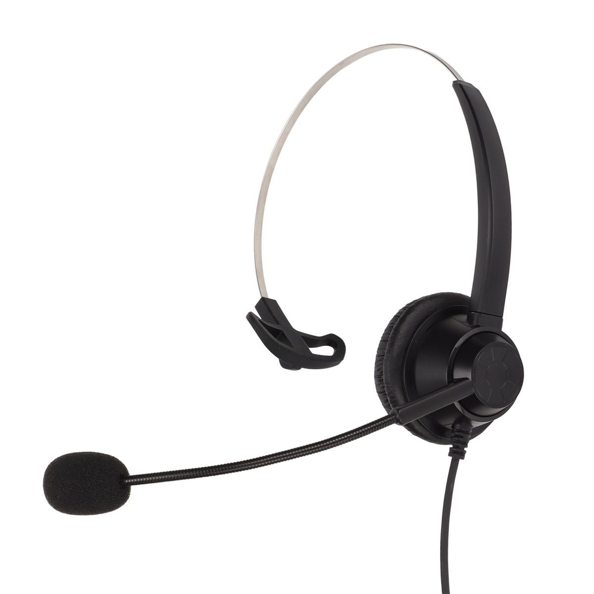 Ein schwarzes Headset mit Mikrofon auf weißem Hintergrund.