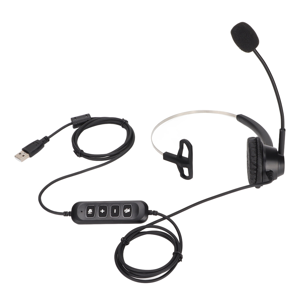 Schwarzes Headset mit USB-Anschluss, Mikrofon und Bedienelementen. Enthält Lautstärke- und Stummschalttasten.