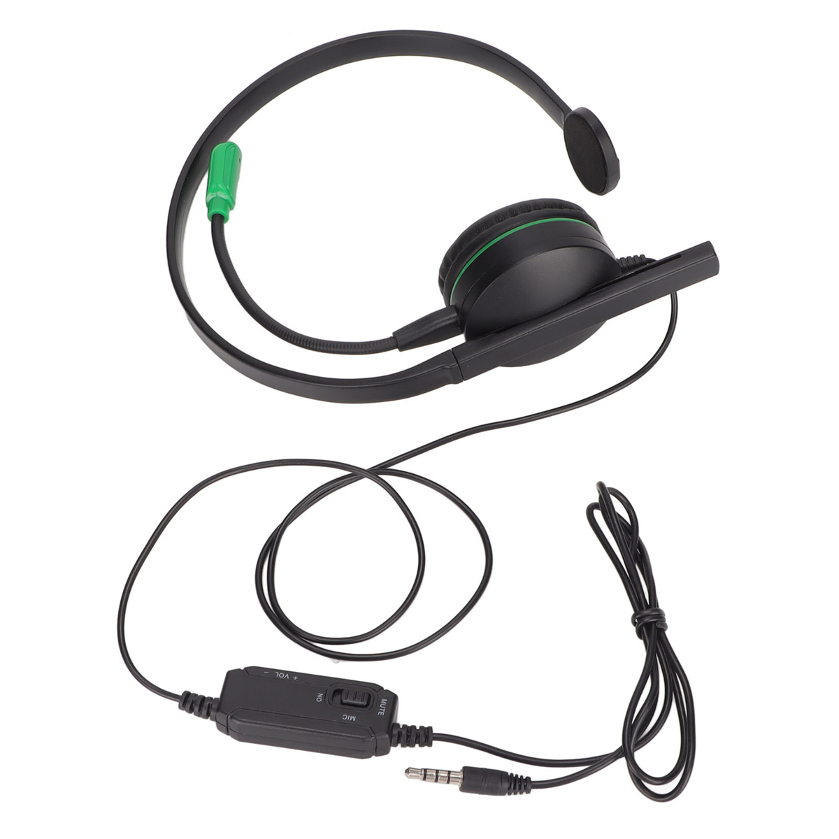 Schwarzes Headset mit Mikrofonarm, grünen Akzenten und Steuereinheit am Kabel.