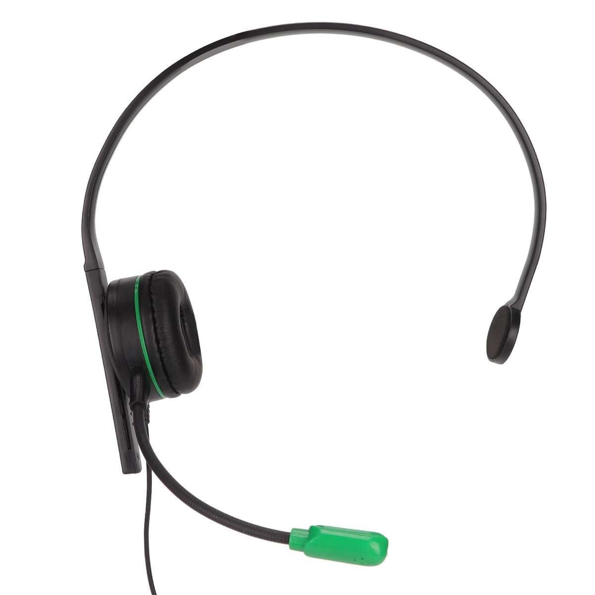 Schwarzes und grünes Headset mit Mikrofon. Das Headset befindet sich auf weißem Hintergrund.