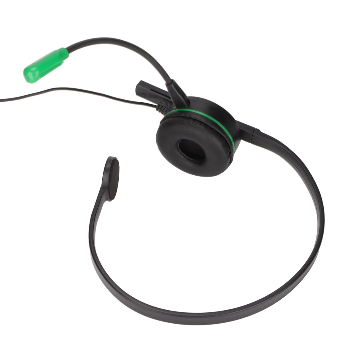 Schwarzes Headset mit grünem Mikrofon. Das Headset hat einen gepolsterten Ohrhörer und einen gebogenen Bügel.