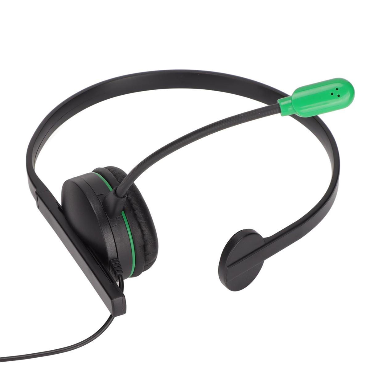 Schwarzes Gaming-Headset mit grünem Mikrofon. Das Headset hat ein Mikrofon und einen Ohrmuschel.