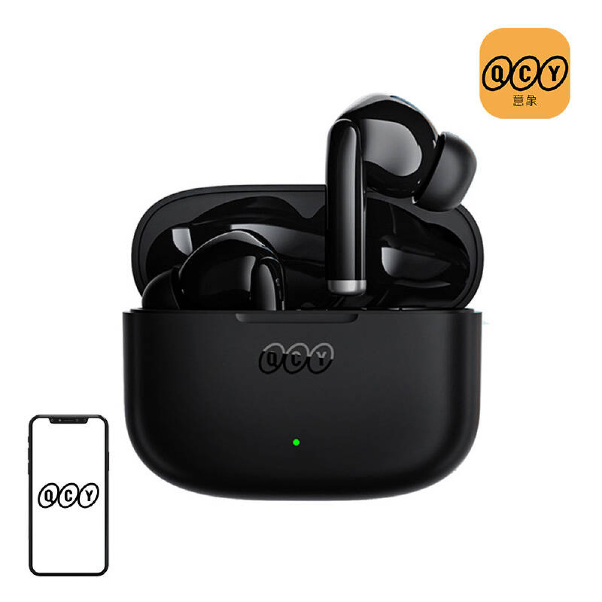 Auricolari QCY neri in una custodia di ricarica, con loghi e uno smartphone con il logo QCY.
