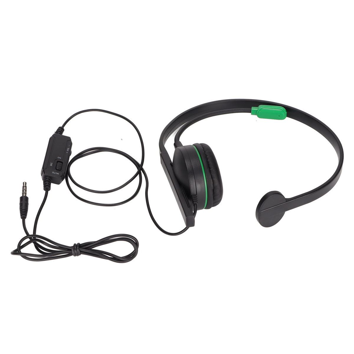 Schwarzes und grünes Headset mit Mikrofon, Kabel und Steuerung, weißer Hintergrund.