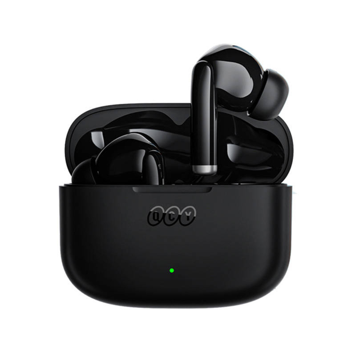 Auricolari neri in una custodia di ricarica nera con il logo QCY e una luce LED verde.