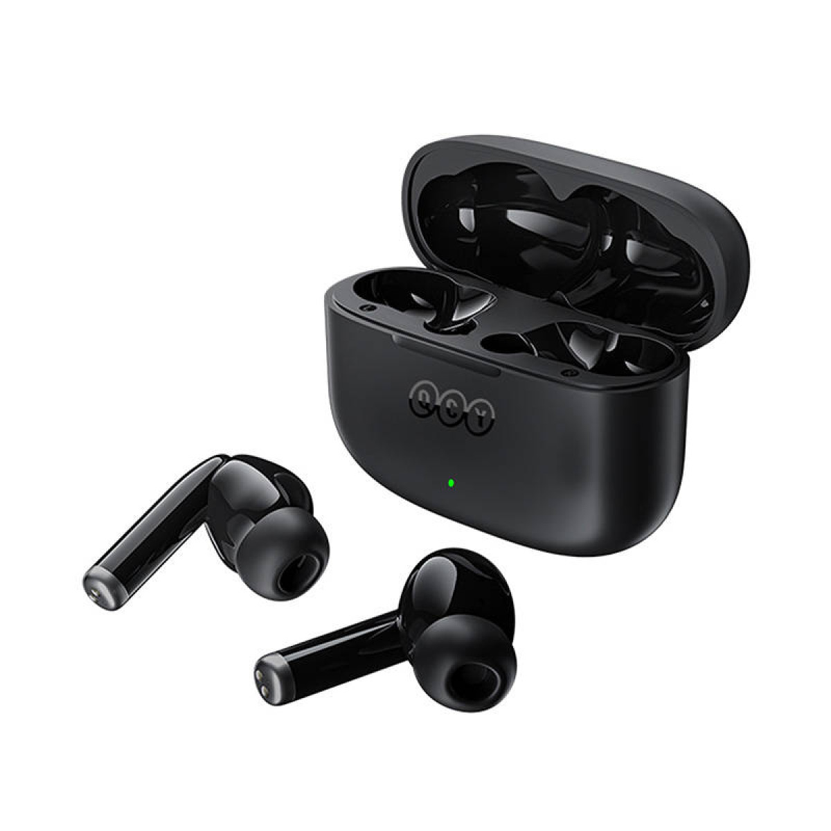 Auricolari wireless neri con custodia di ricarica, aperta, luce verde.