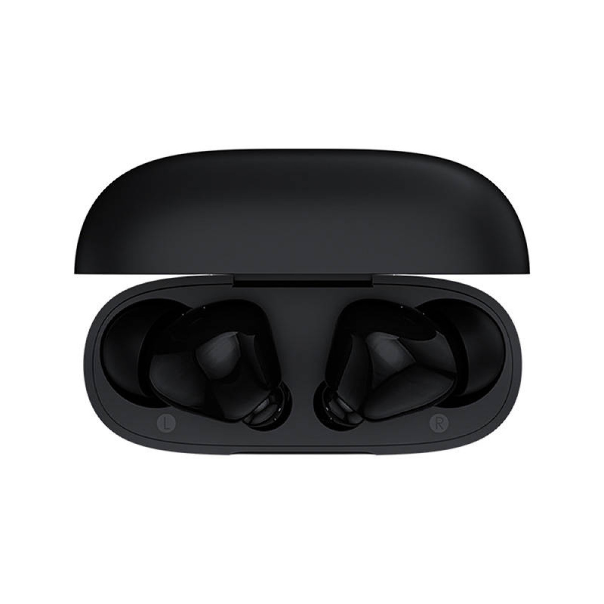Una vista dall'alto di auricolari wireless neri in una custodia di ricarica nera. Ogni auricolare ha una L o R.