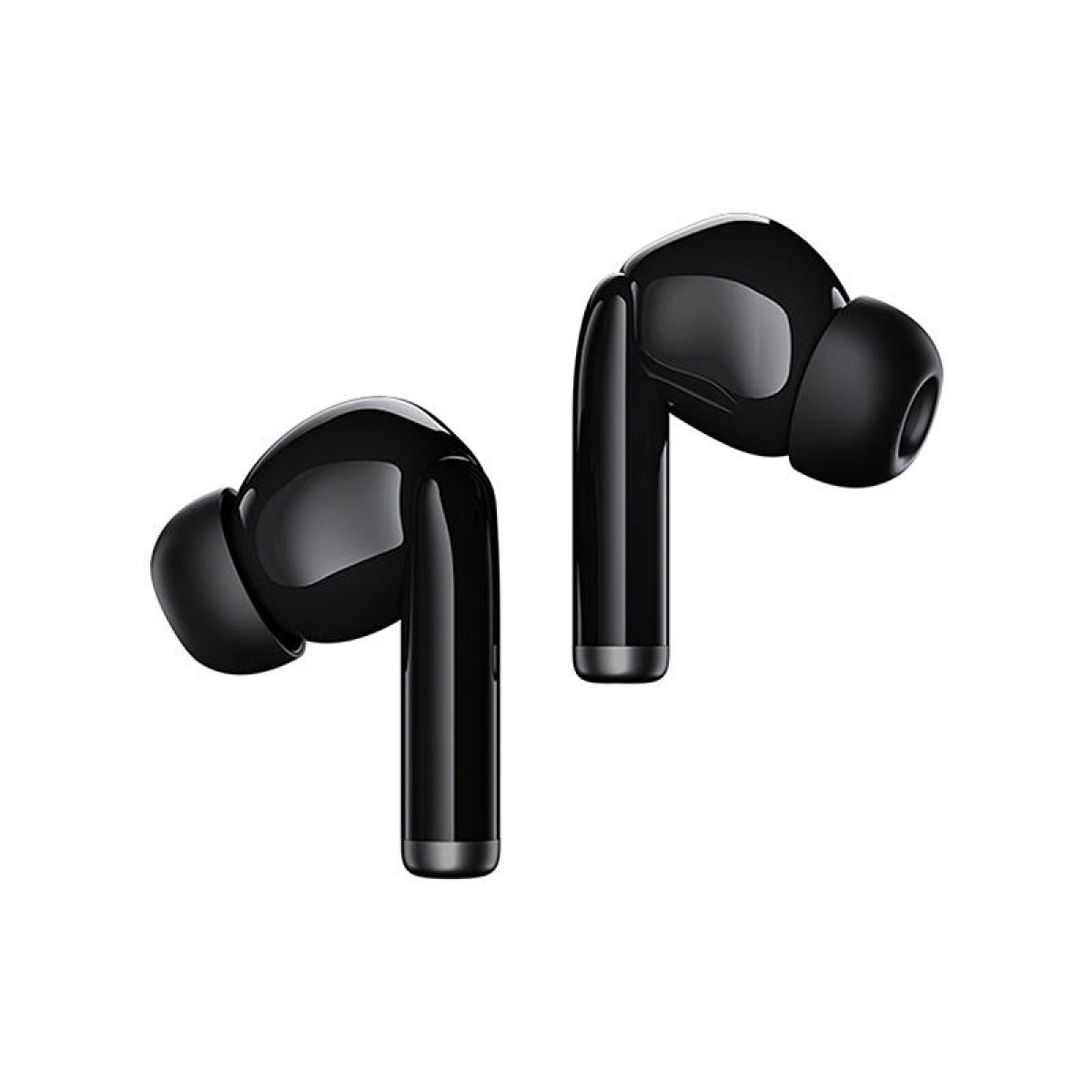 Due auricolari wireless neri su sfondo bianco. Gli auricolari sono lucidi ed eleganti.