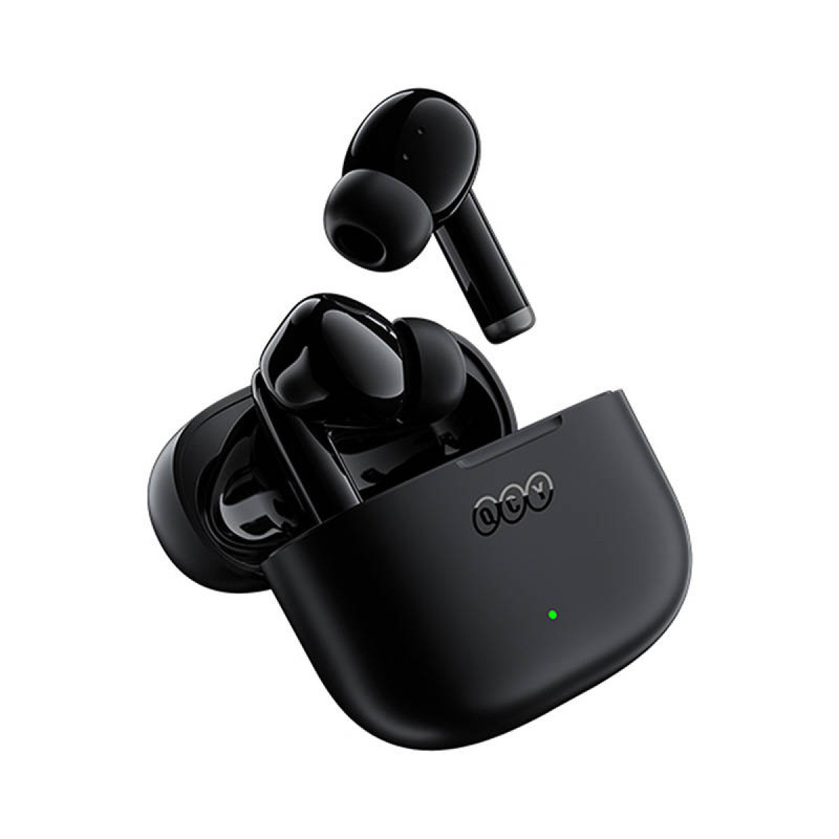 Auricolari wireless neri con custodia di ricarica. La custodia ha una luce verde.
