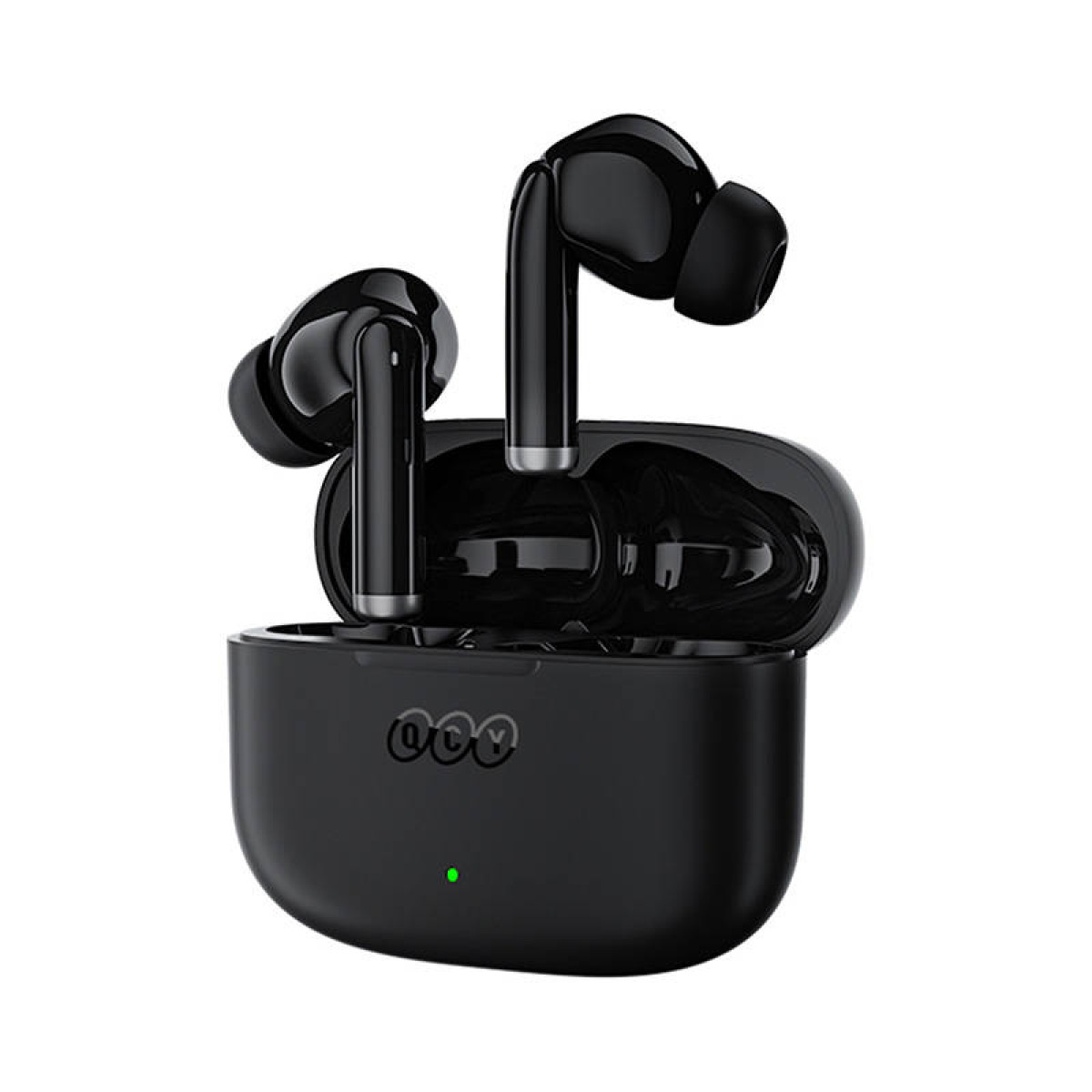 Auricolari wireless neri in una custodia di ricarica nera. Luce verde sulla custodia, gli auricolari sono all'interno.