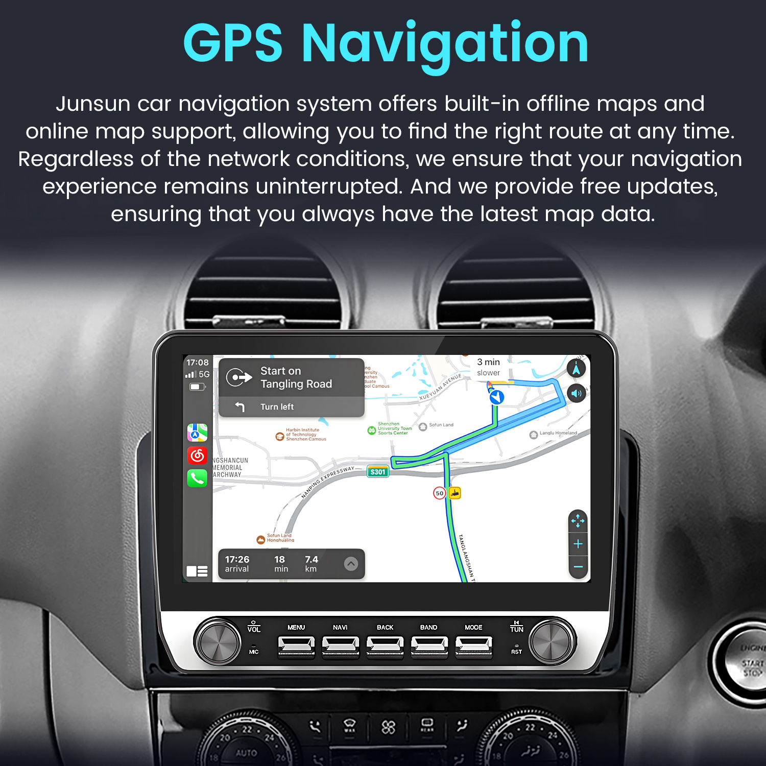 Ekran nawigacji samochodowej pokazujący mapę z instrukcjami GPS.