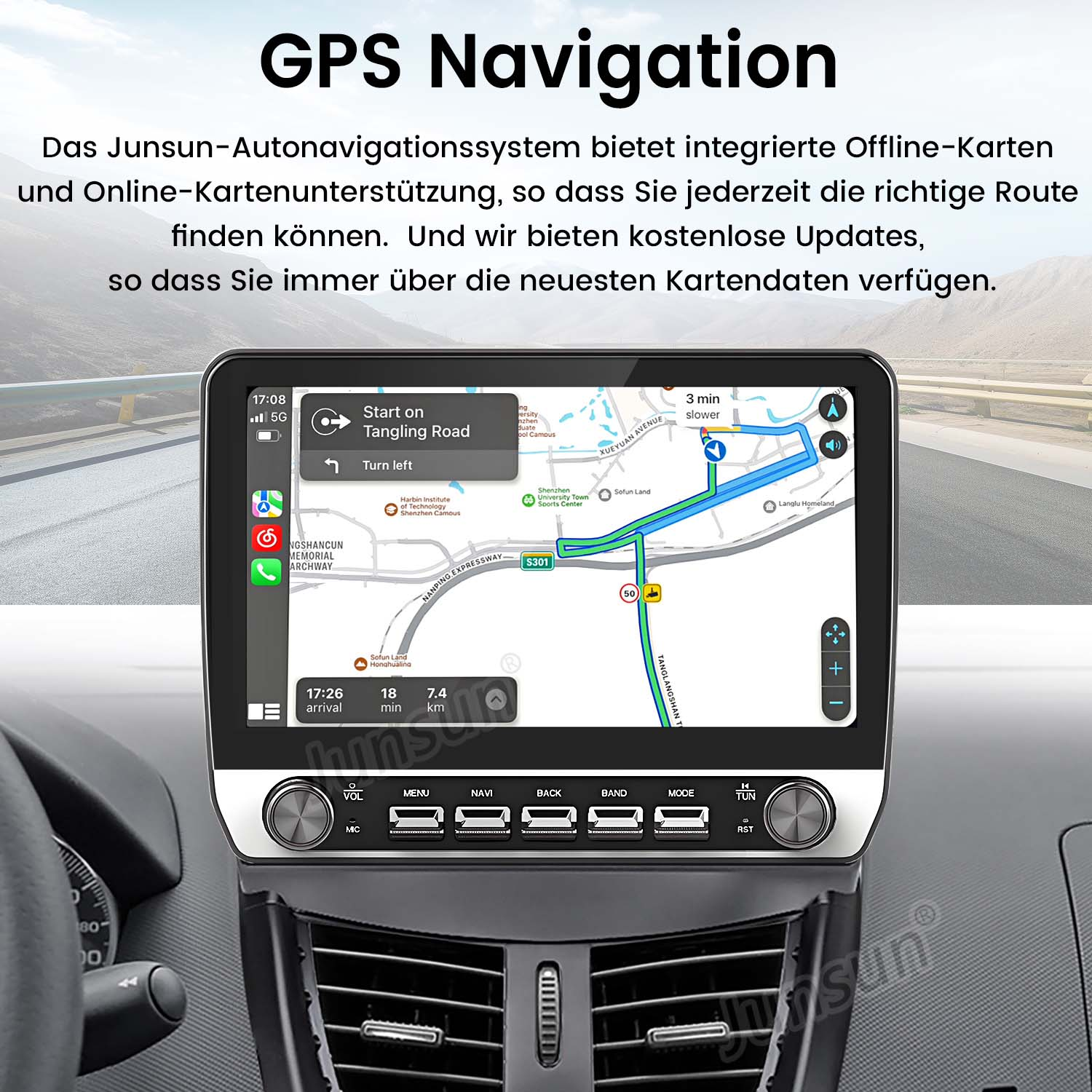 Ein Auto-Navigationssystem-Bildschirm zeigt eine Karte mit einer Route und Bedienelementen.