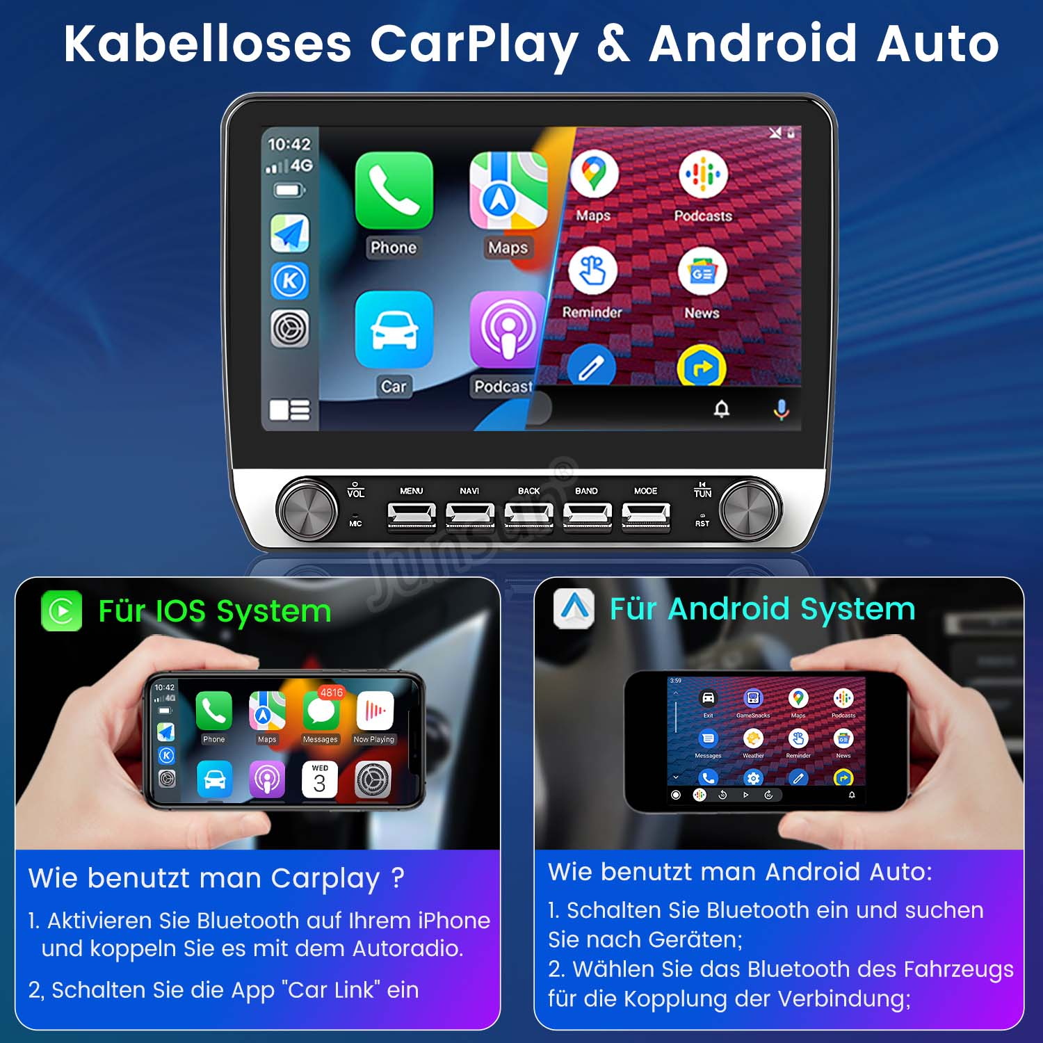 Auto-Multimedia-Bildschirm mit Telefon-Apps und Anleitung zum Verbinden.