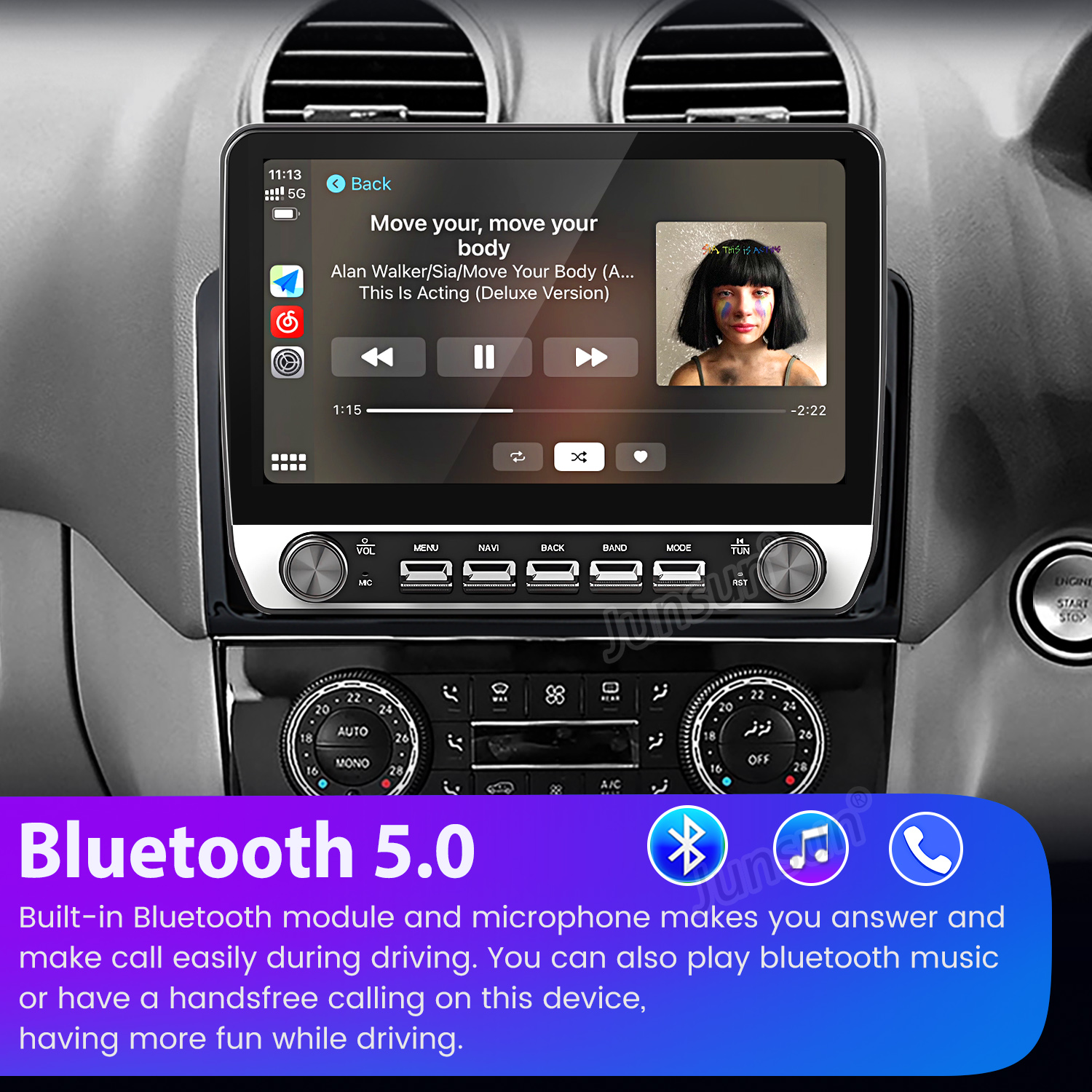 Ekran systemu multimedialnego samochodu z kontrolą muzyki i ustawieniami. Bluetooth 5.0.