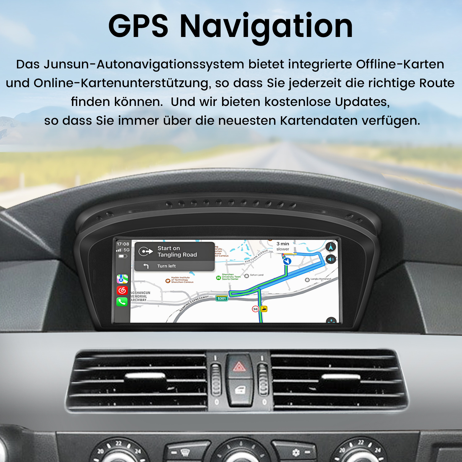 Deska rozdzielcza samochodu pokazująca ekran nawigacji z mapą i tekstem, ze słowami GPS Navigation.