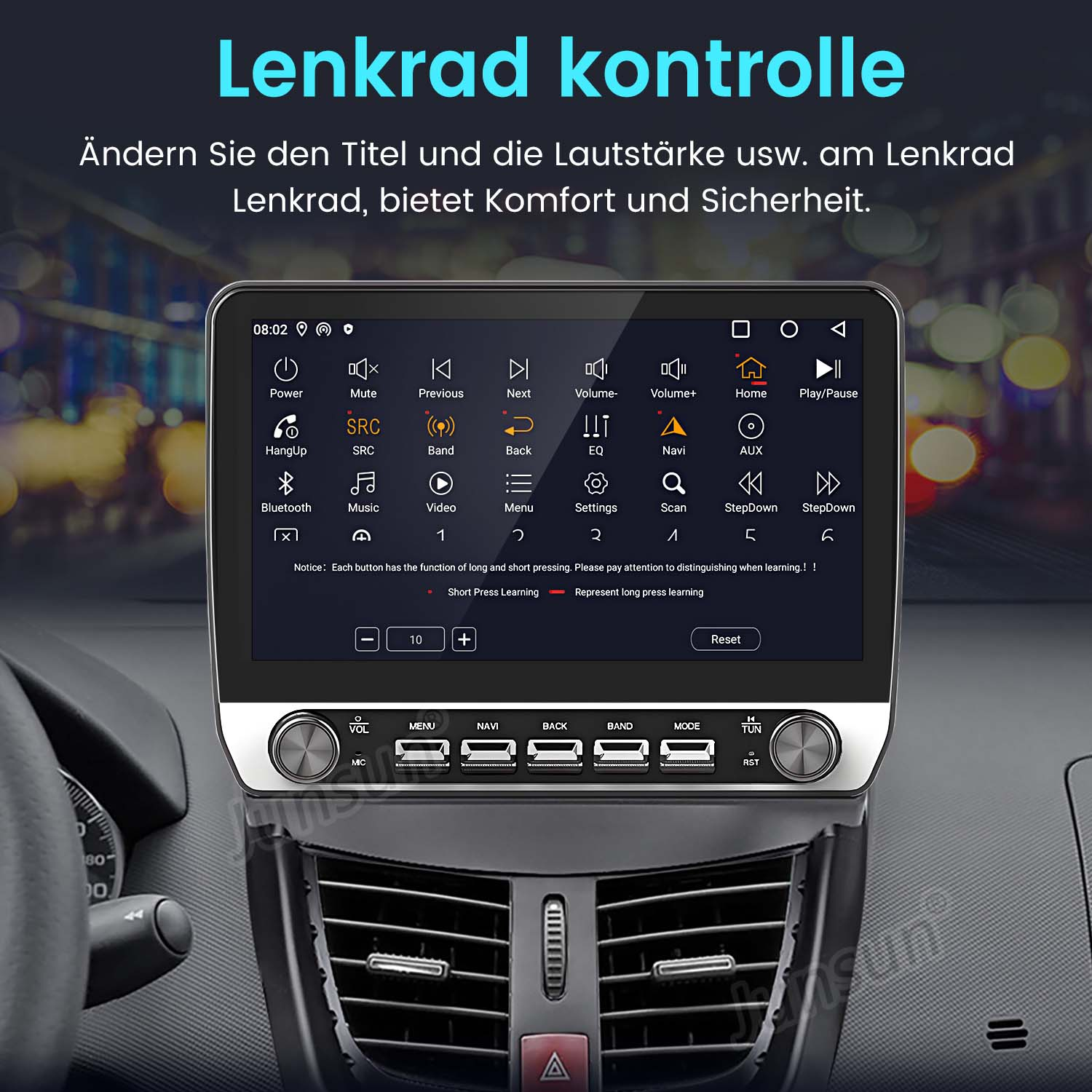 Auto-Multimediasystem mit Touchscreen, Tasten und Armaturenbrett.