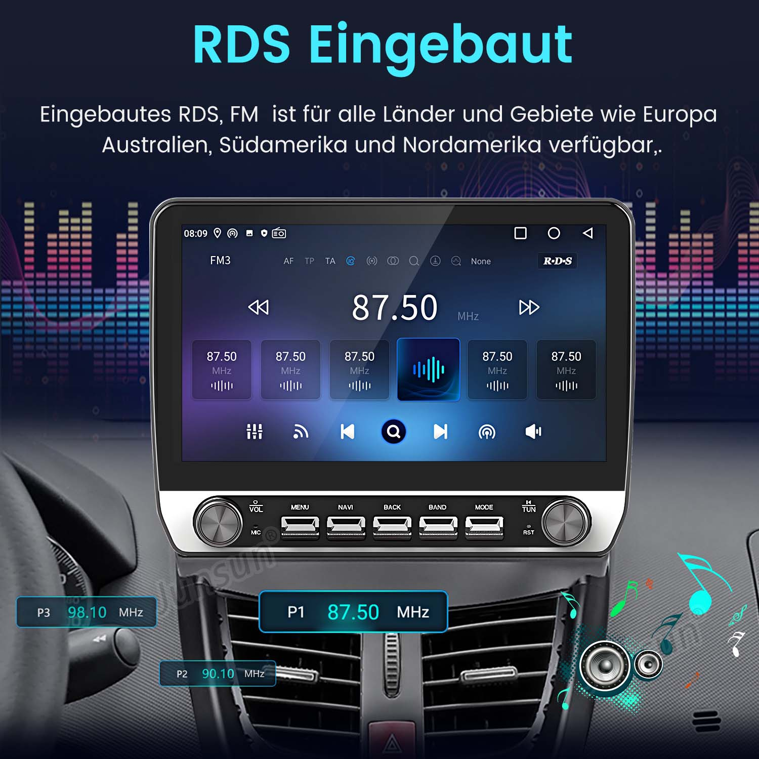Autoradio-Display mit Informationen und Bedienelementen für Radiosender.