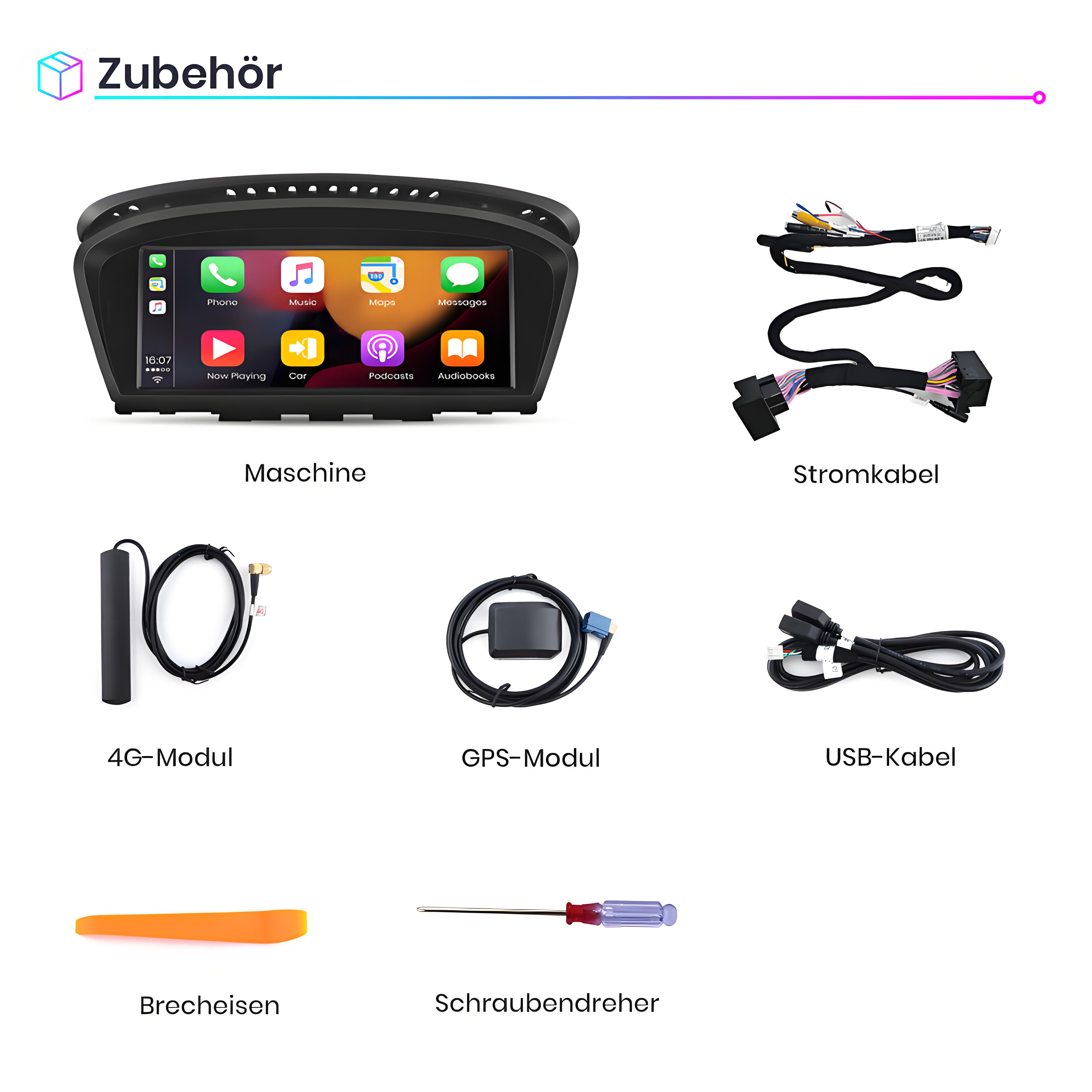 Armaturenbrett-Bildschirm mit Zubehör: Kabel, Schraubendreher usw. Weißer Hintergrund.