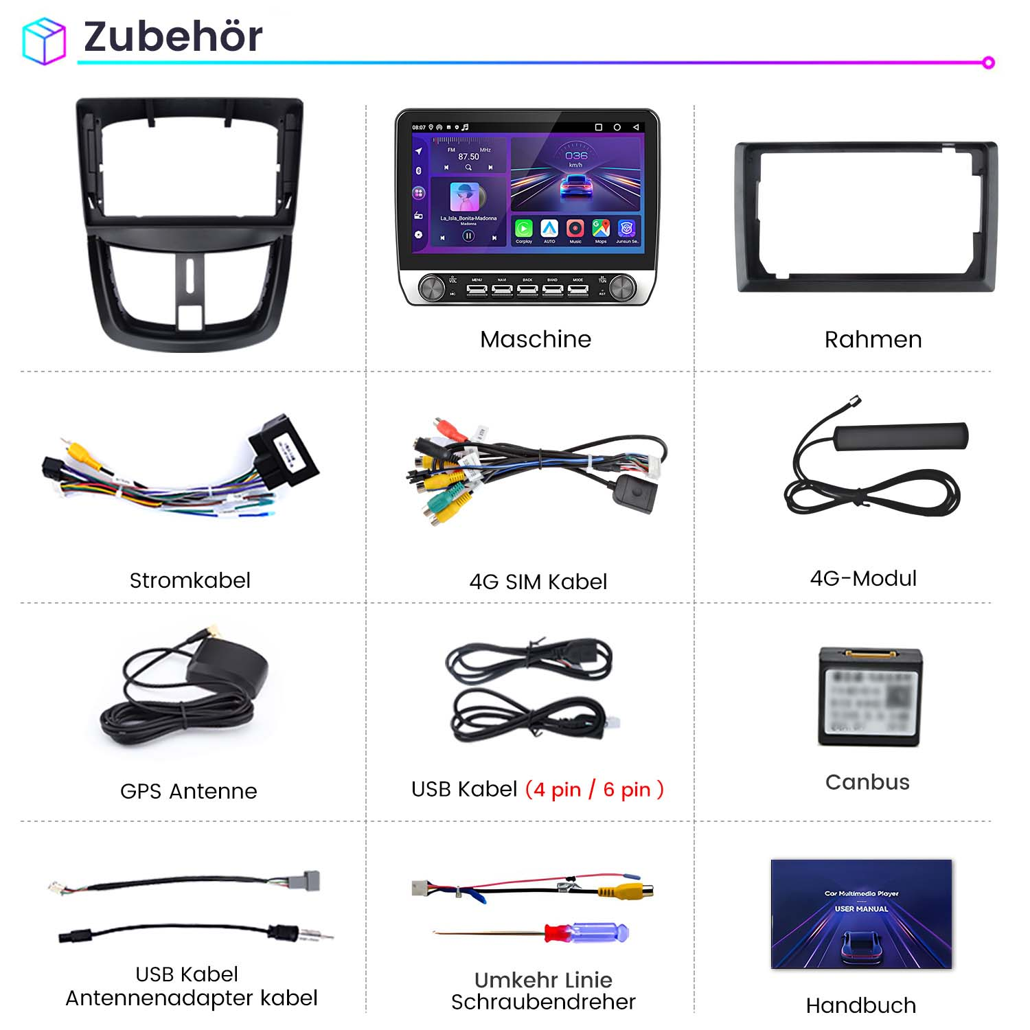 Verschiedenes Zubehör für Auto-Multimedia. Das Bild zeigt Rahmen, Kabel und ein Handbuch. Alles Zubehör ist schwarz.