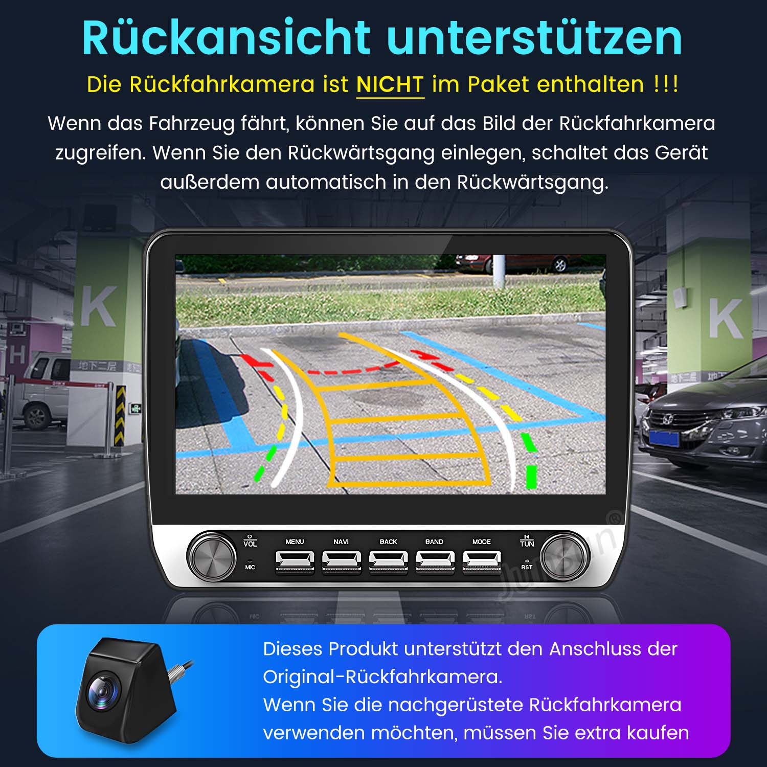 Autobildschirm, der eine Parkassistentenansicht anzeigt und ein Auto in einer Parkgarage zeigt.