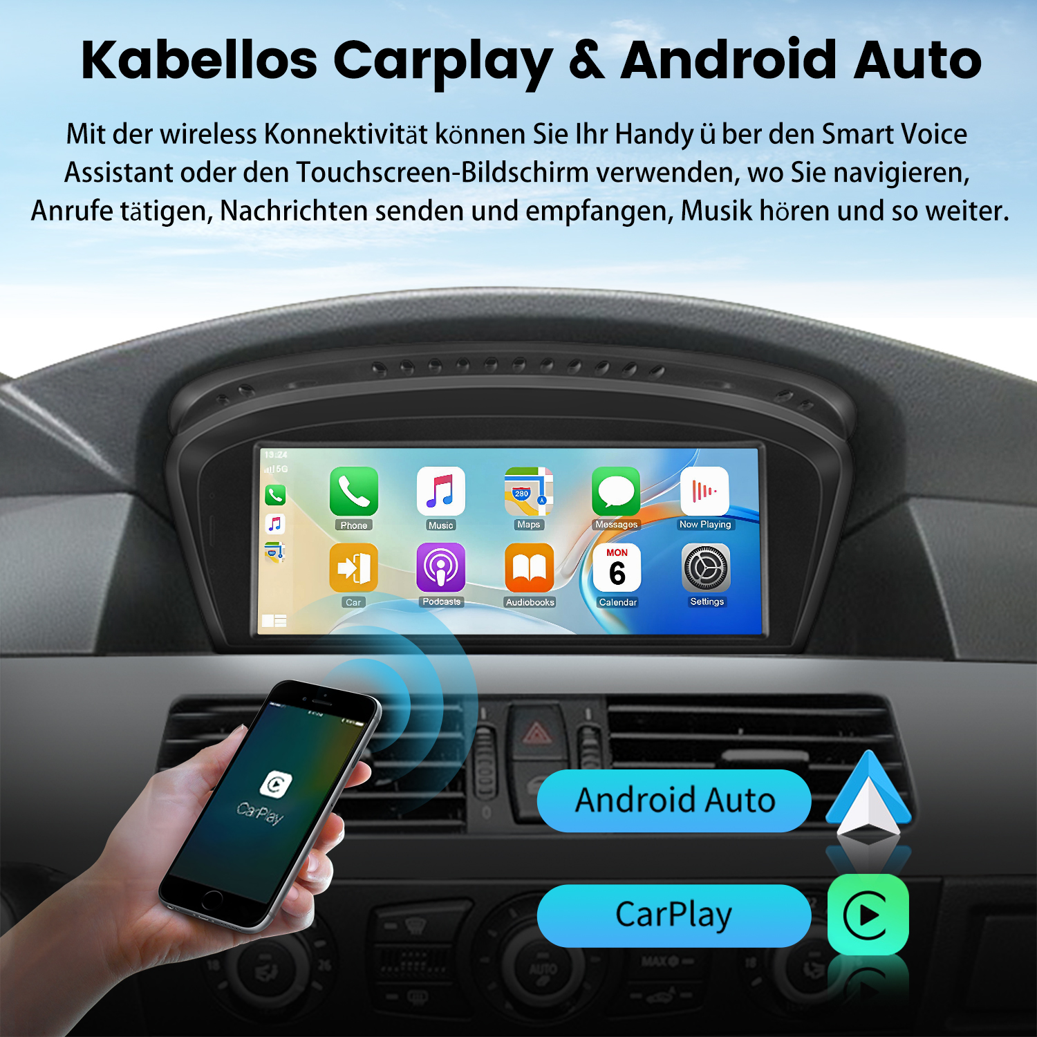 Ekran deski rozdzielczej samochodu wyświetla aplikacje, telefon pokazuje CarPlay. Logo niebieskie i białe.