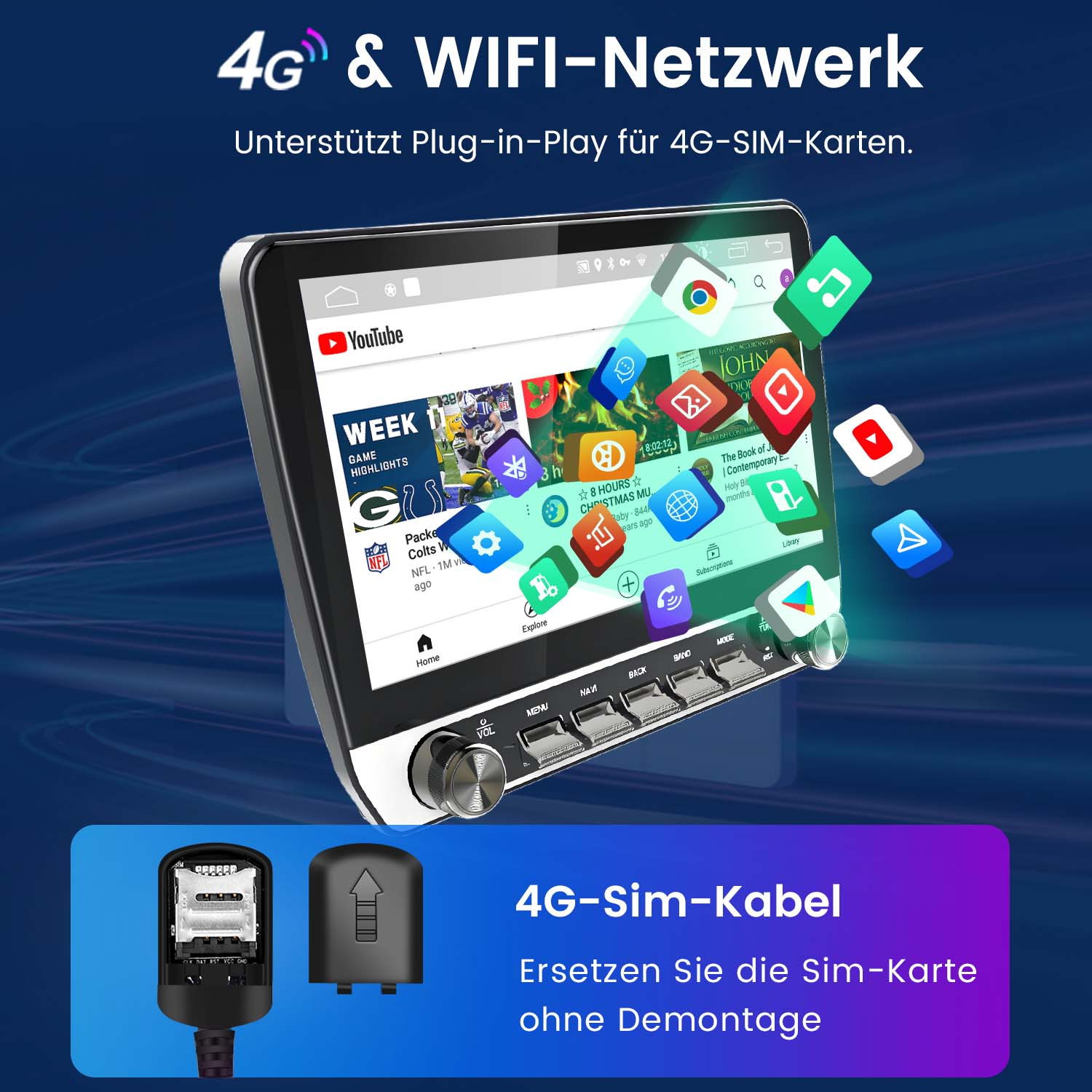 Auto-Multimedia-System mit Bildschirm, der Apps zeigt und ein Sim-Kabel, vor blauem Hintergrund.