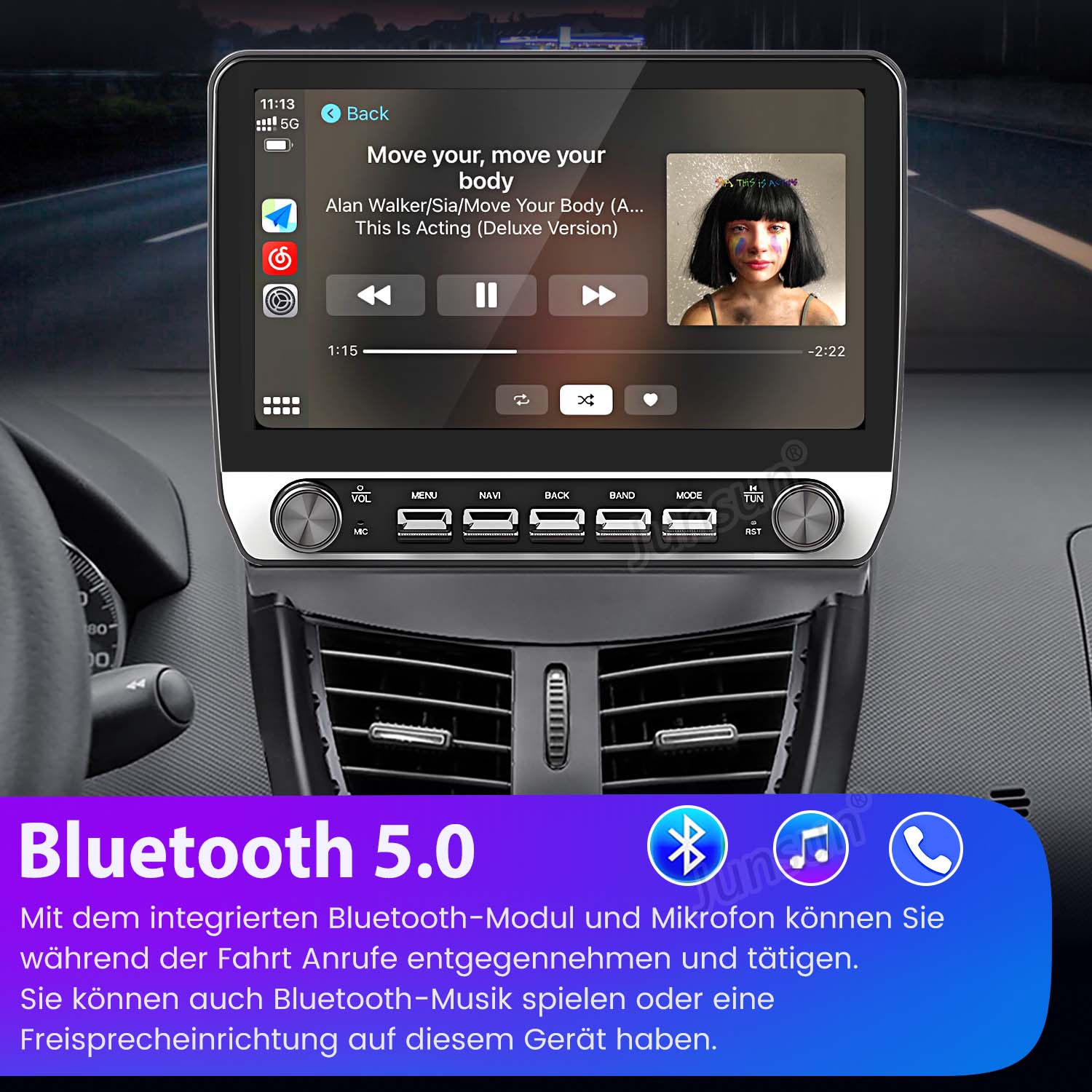 Auto-Multimediasystem, das eine Musikplayer-Oberfläche anzeigt, mit Bluetooth 5.0-Text.