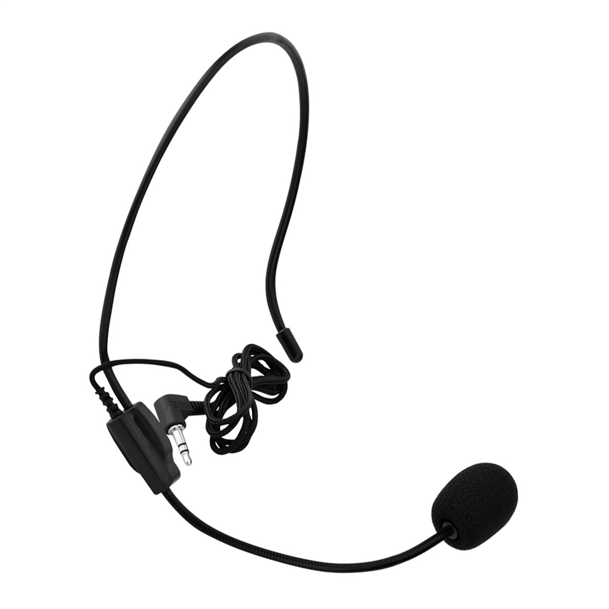 Schwarzes Headset-Mikrofon mit Schaumstoffhülle am Mikrofon und Kabel zu einem 3,5-mm-Klinkenstecker.