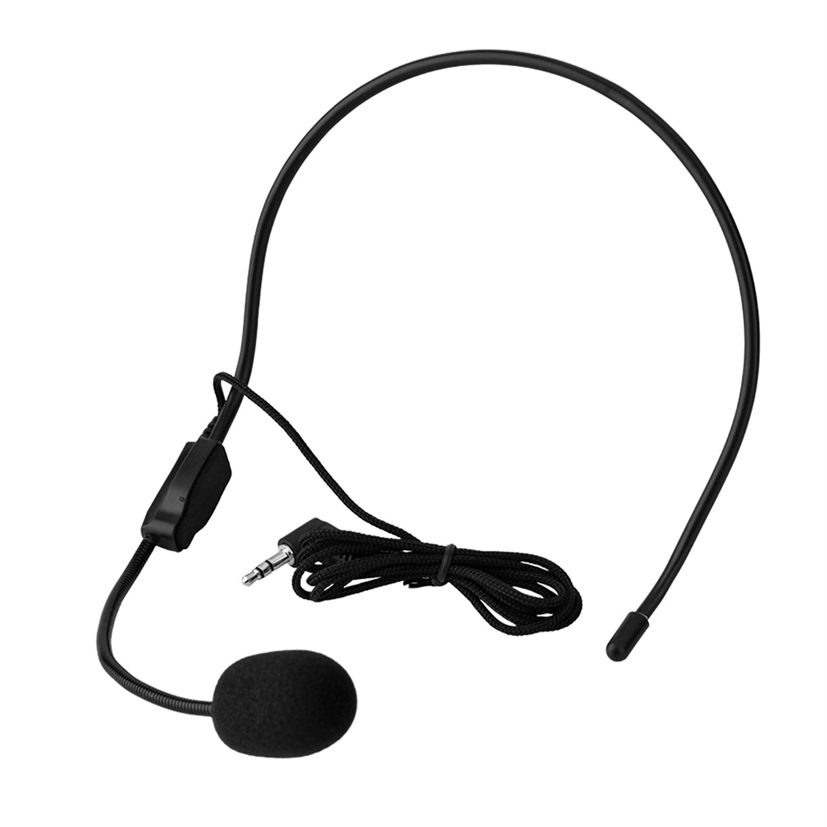 Schwarzes Headset-Mikrofon. Schwarzer Schaumstoff-Mikrofonbezug. Ein langer, flexibler Draht.