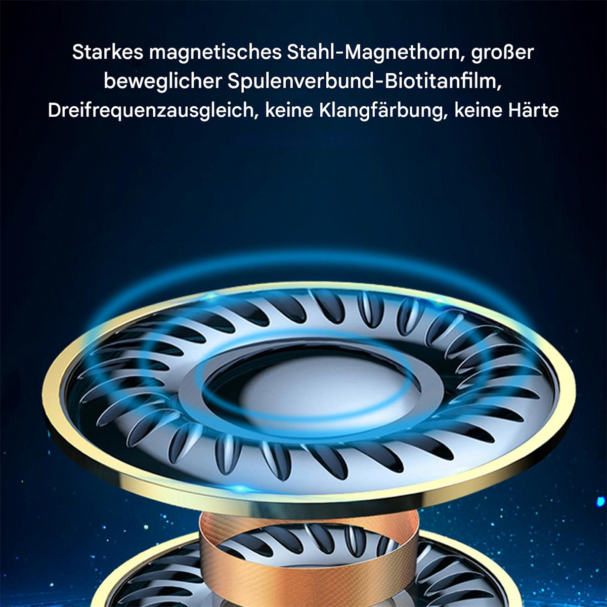 Nahaufnahme einer Lautsprecherkomponente mit goldenem Rand und Text, der ihre Eigenschaften beschreibt.