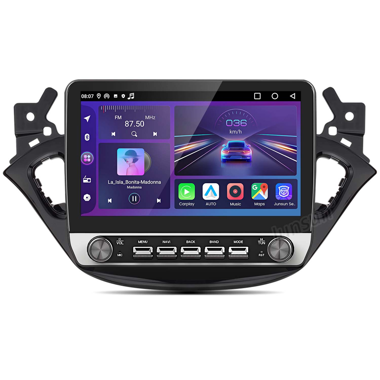 Bildschirm eines Auto-Multimedia-Systems, der eine Karte und eine Musik-Player-Oberfläche zeigt.