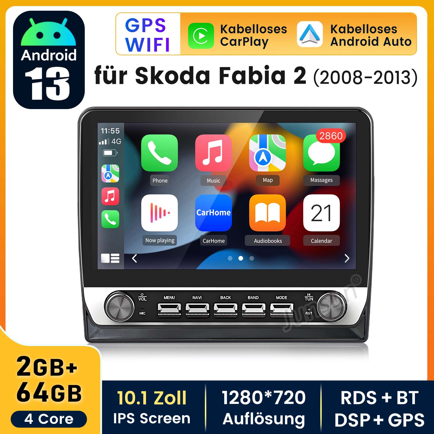Ein Car-Multimedia-System mit Touchscreen-Display, mit Symbolen.