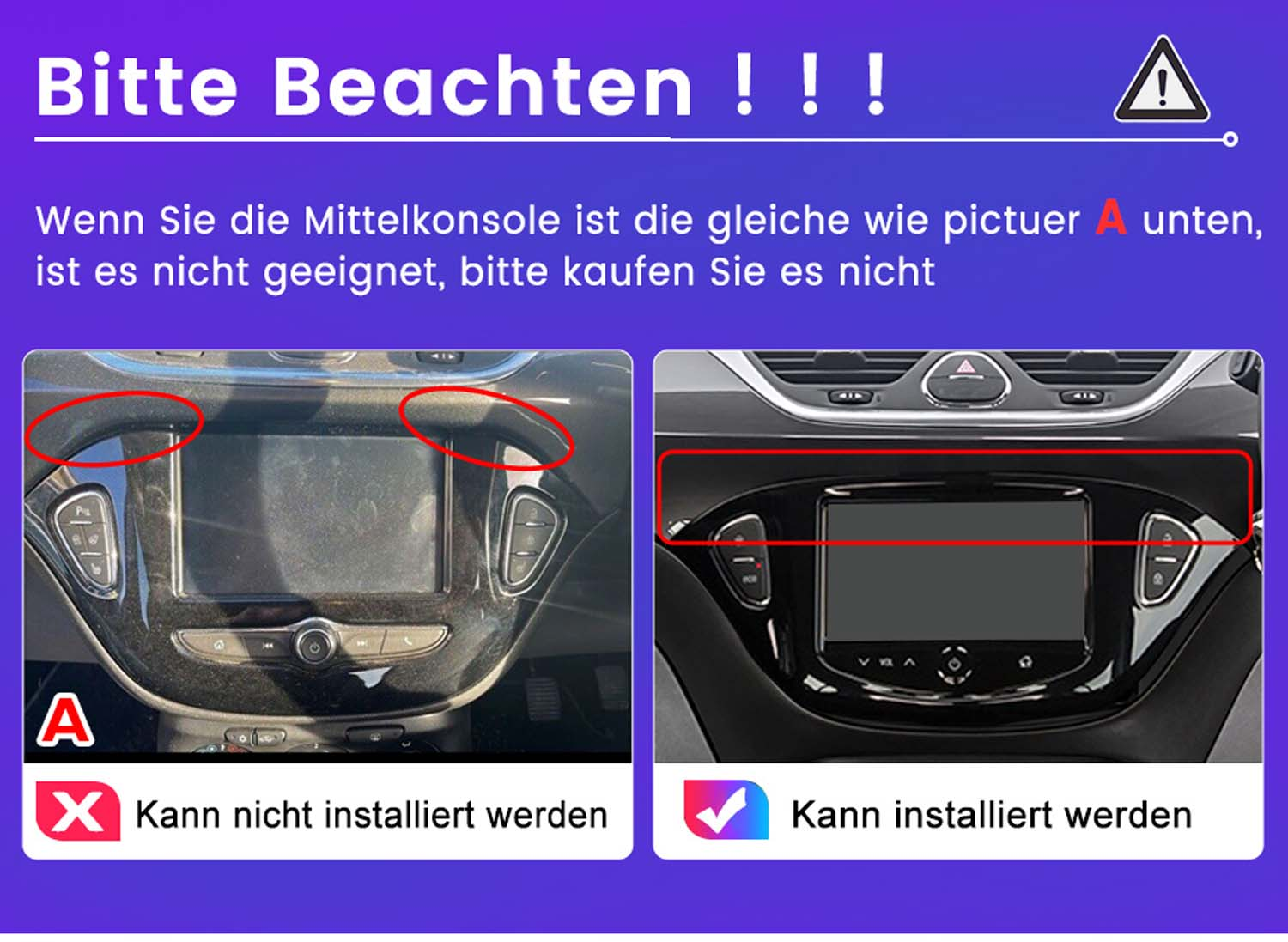 Bild zeigt Armaturenbrettteile, mit deutschem Text, der auf Kompatibilität hinweist.