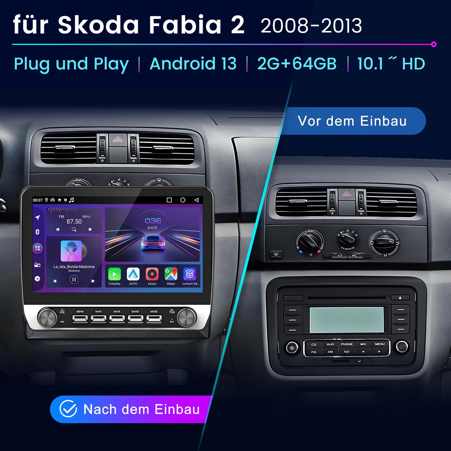 Armaturenbrett eines Autos mit einem Bildschirm, der Navigation anzeigt. Text weist darauf hin, dass es für Skoda Fabia 2 ist.
