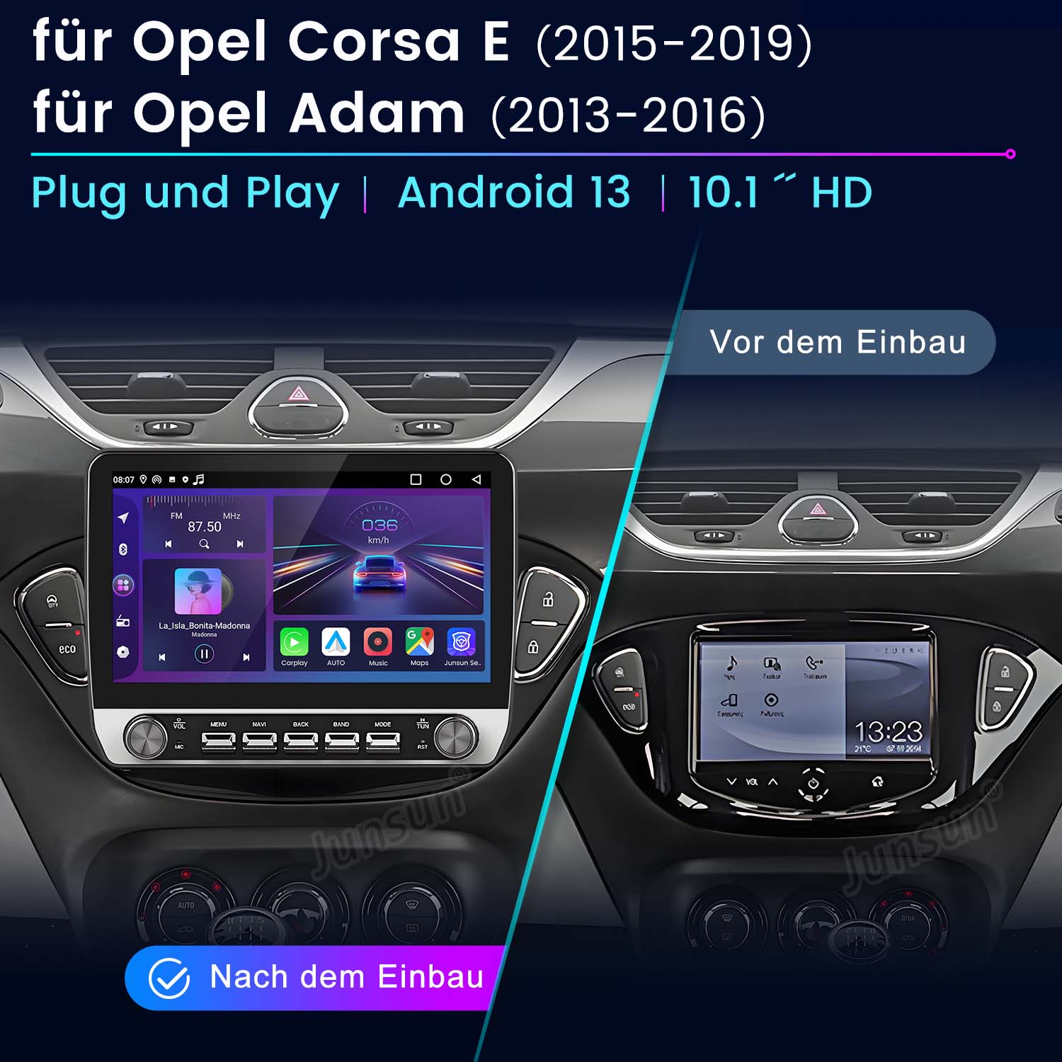 Autoradio mit zwei Bildschirmen. Text auf Deutsch. Schwarzes Armaturenbrett.