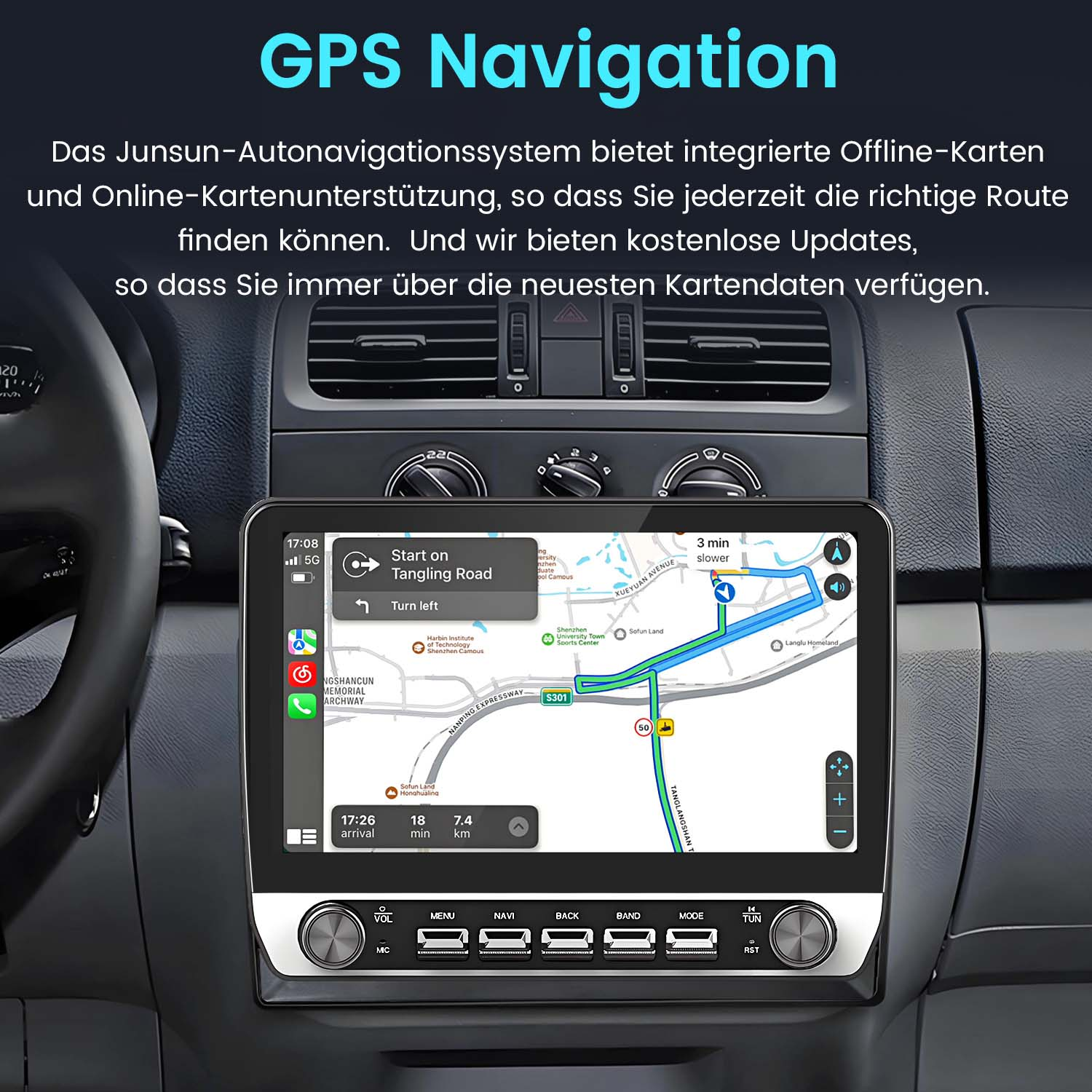 GPS-Navigationsbildschirm in einem Auto, der eine Routenkarte zeigt.