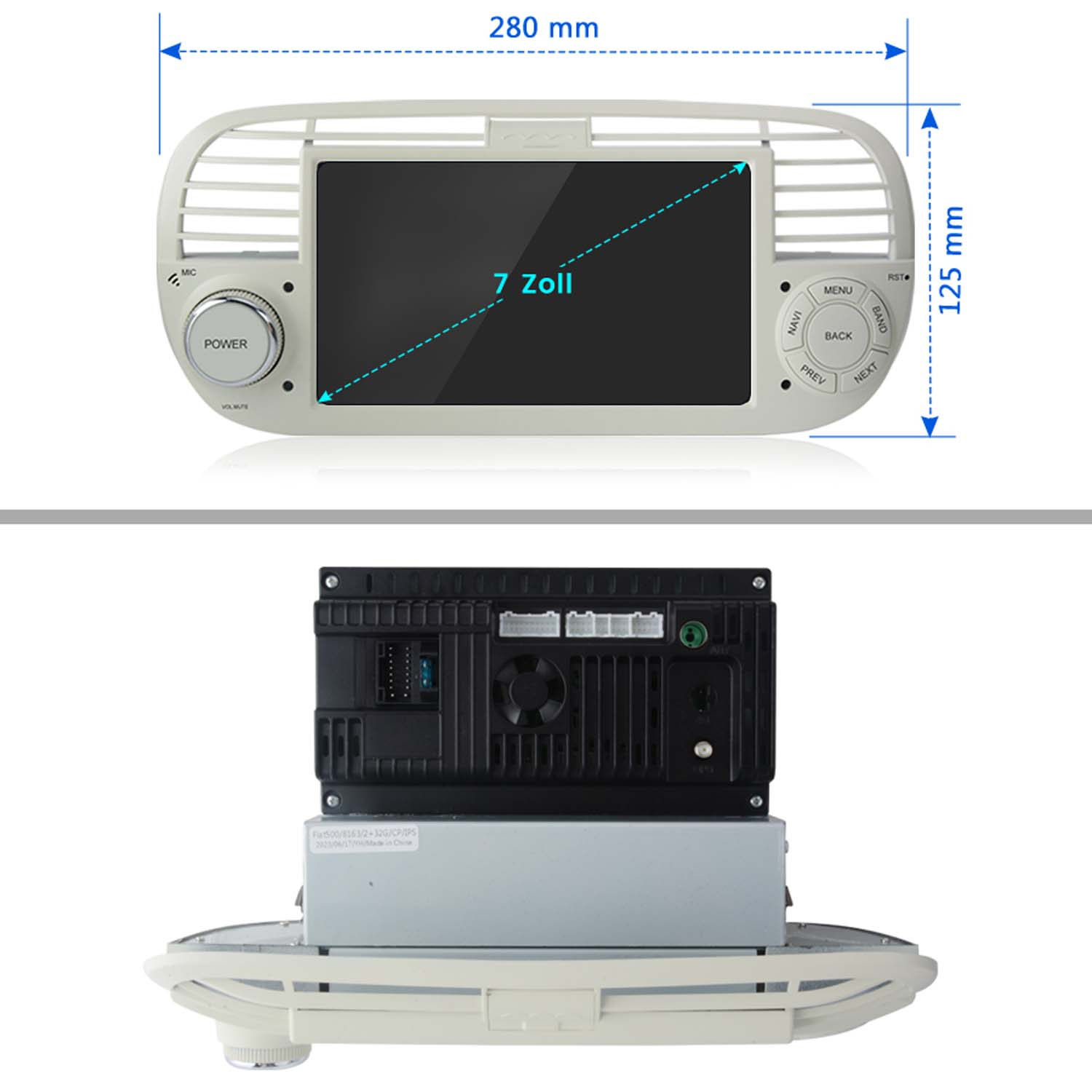 Autoradio con schermo da 7 pollici e pulsanti di controllo, con dimensioni indicate.