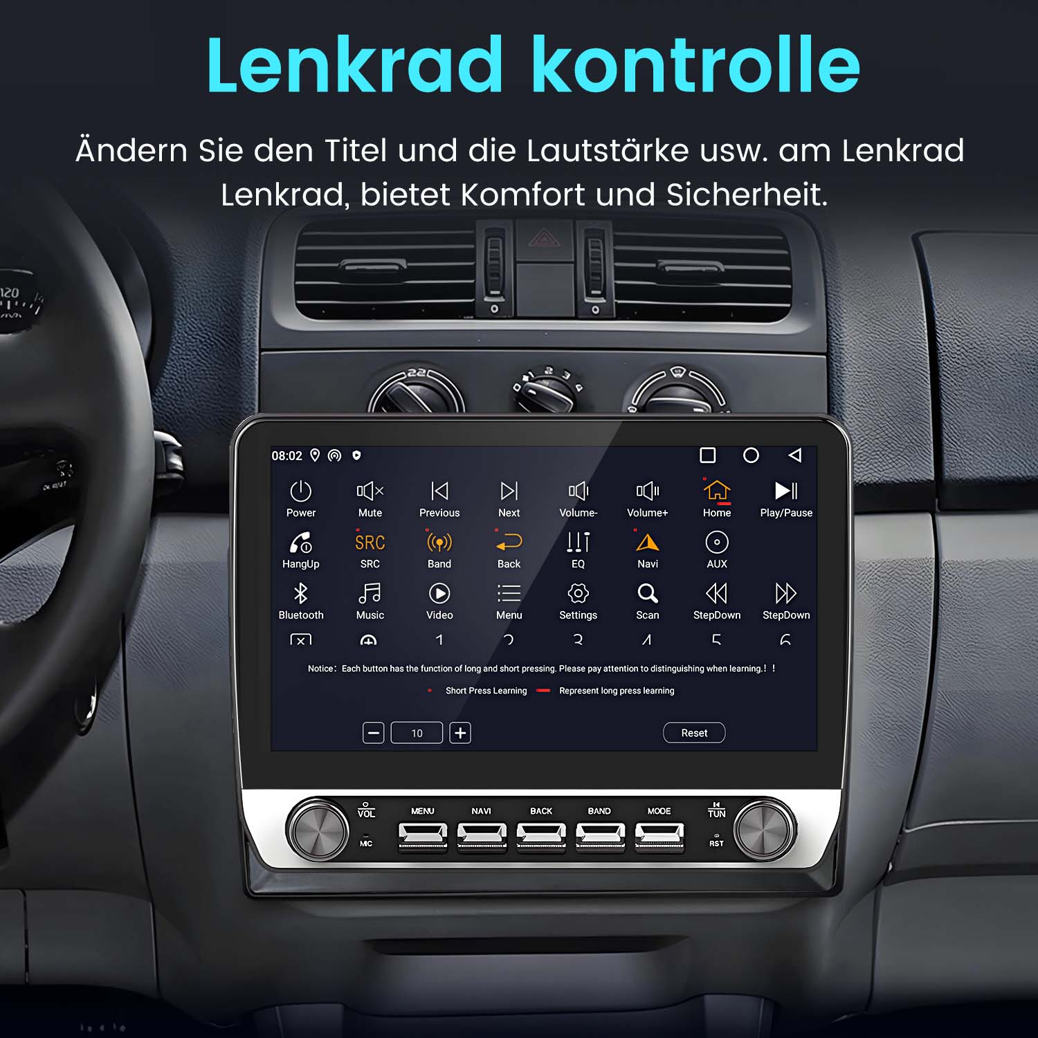 Auto-Multimediasystem mit Bildschirm und Bedientasten, beschriftet mit 'Lenkrad Kontrolle'.