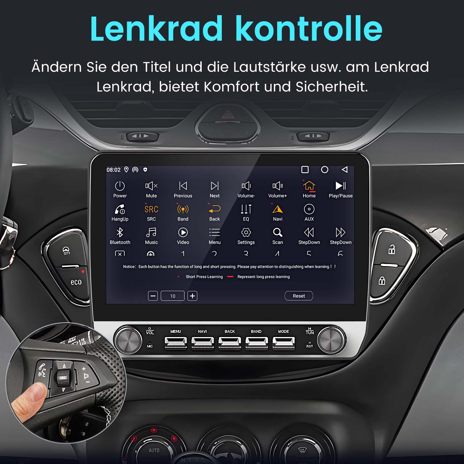 Das Infotainmentsystem eines Autos mit Touchscreen. Der Bildschirm zeigt Symbole für verschiedene Funktionen an.
