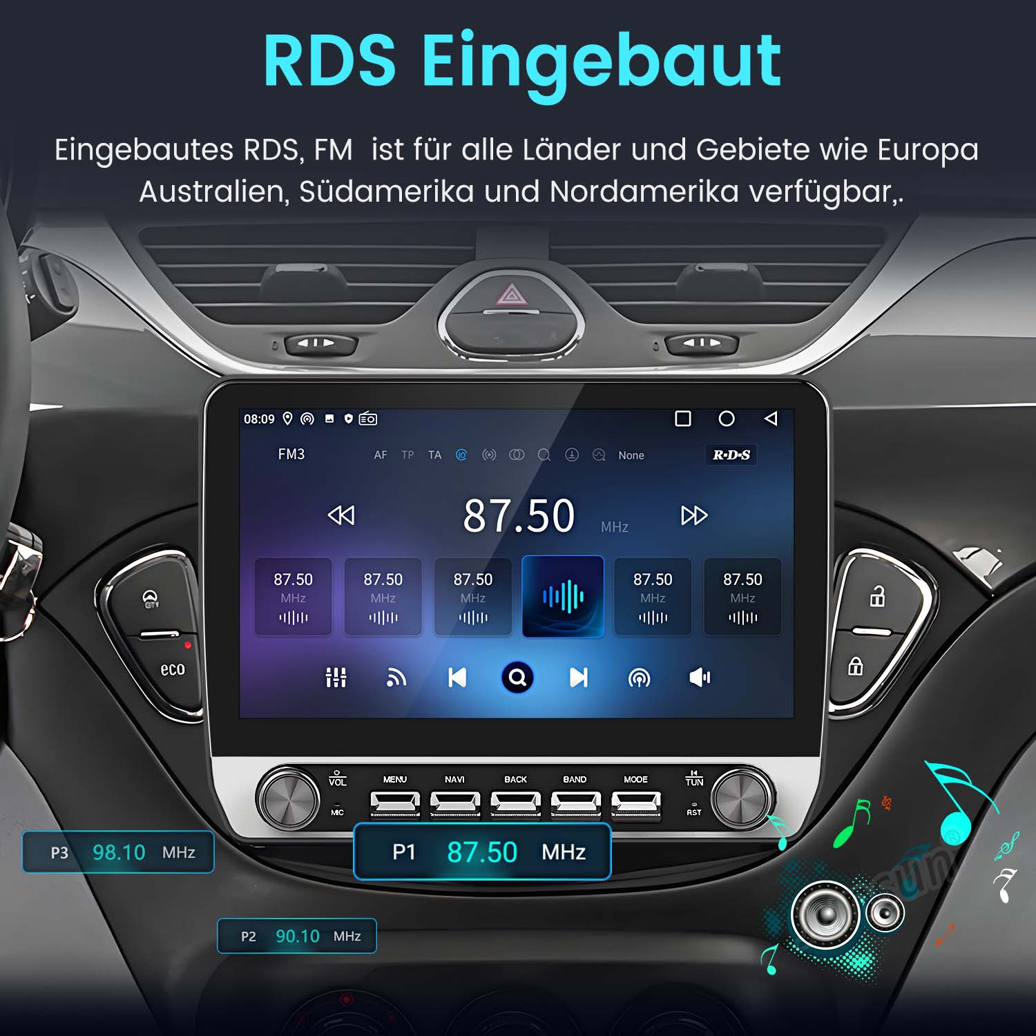 Autoradio mit RDS. Der Bildschirm zeigt Radiofrequenzen an. Der Innenraum des Autos ist im Hintergrund.