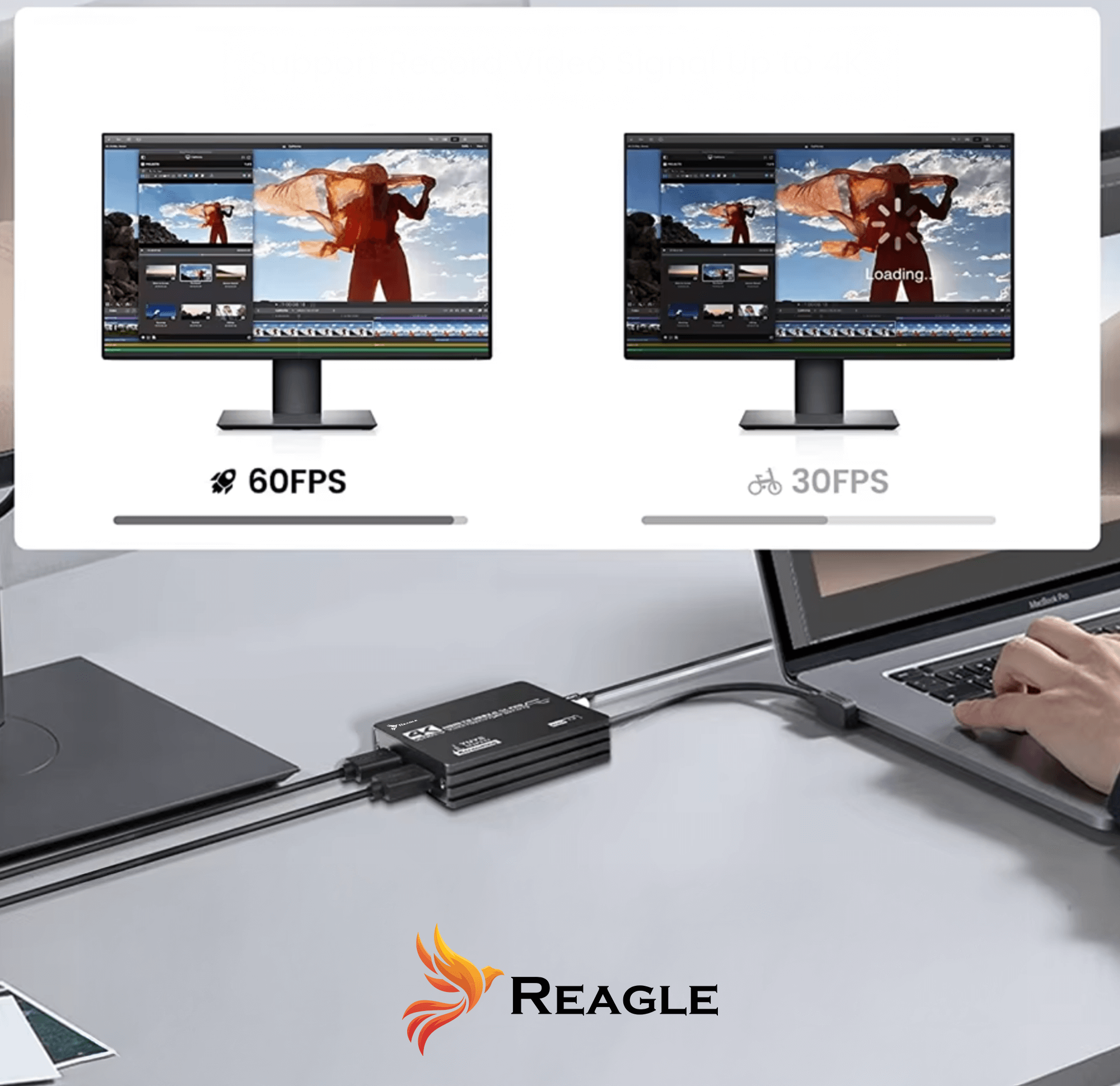 Dwa monitory pokazujące edycję wideo, jeden 60 FPS, drugi 30 FPS.